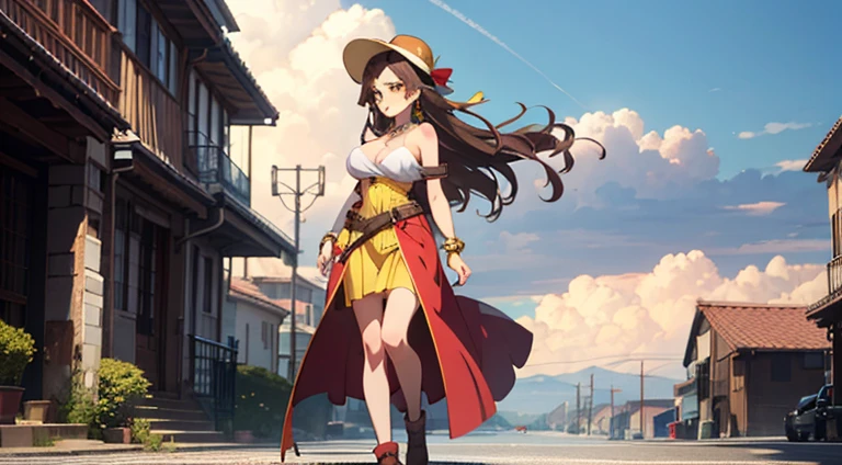 girl,anime, high quality, brown hair , beautifull face, yellow eyes, lady's outfit, , boobs, lady's hat, necklace ,bracelet, earrings, 1.65 meters, cute,
standing, full body