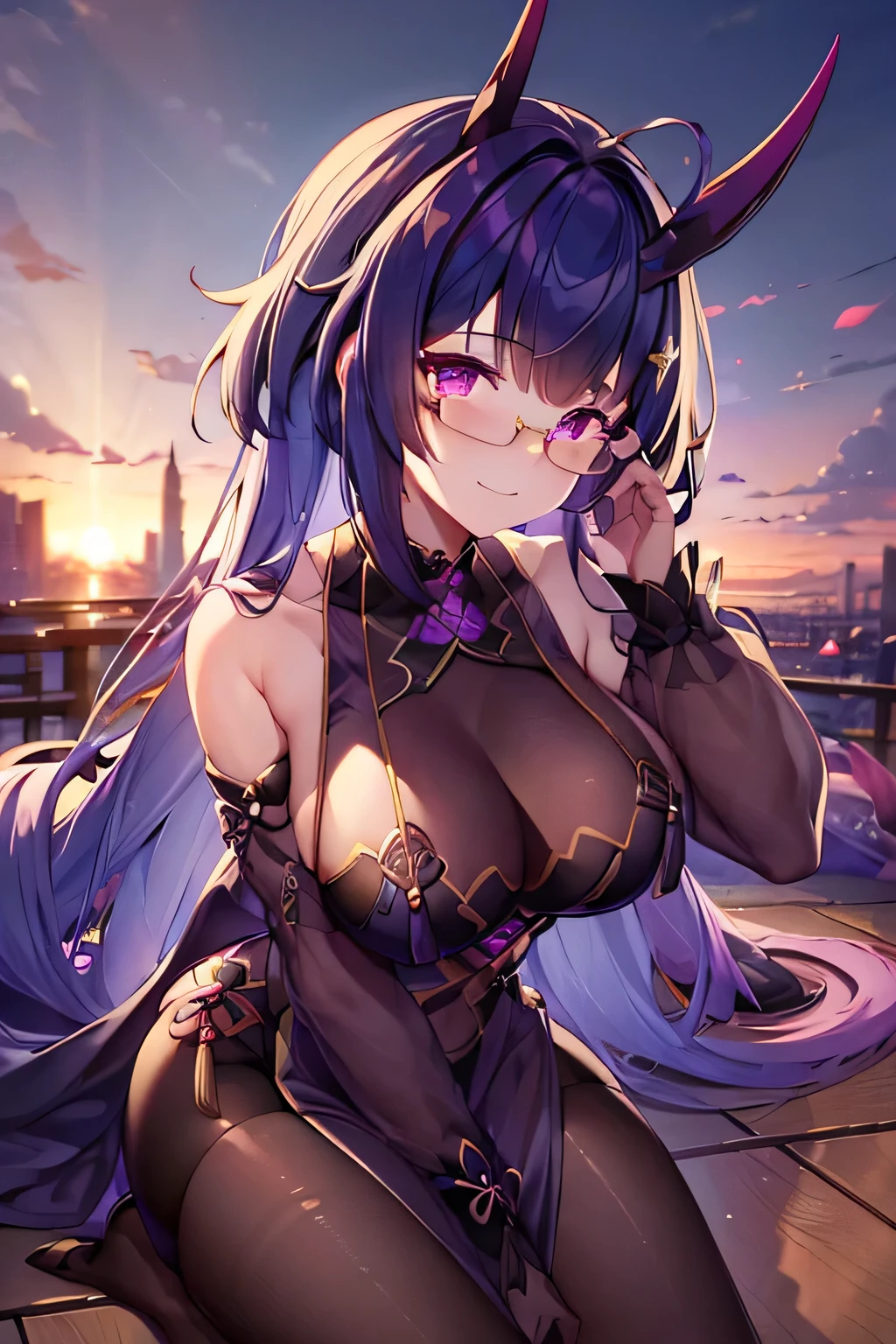 (highly detailed:1.3), 1girl, solo, light smile, glasses, wrench_aqueousmei, Ultra-detail, (highres:1.1), best quality, (masterpiece:1.3), cinematic lighting, scenery, ink, samakan dengan raiden mei full body dan baju Herrscher of thunder