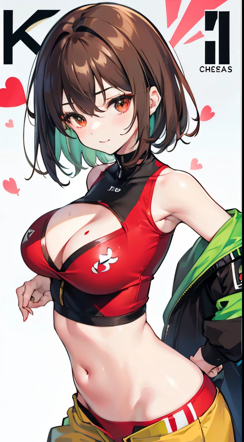 X-rated，Under the legend，Chara， girl，Red-eyed，ssmile，sexy for，green color，Chest leak，short crop top，hot pant，Stalling&#39;s gull body standing painting，lacivious pose，with short brown hair，The face is red，Underwear model，lust，Hand repair，the detail， The clothes ar，k hd，no underwares， television show，Upturned buttocks，out your tongue，Playful，love heart，Buttocks close up，sweat leggack Shadow