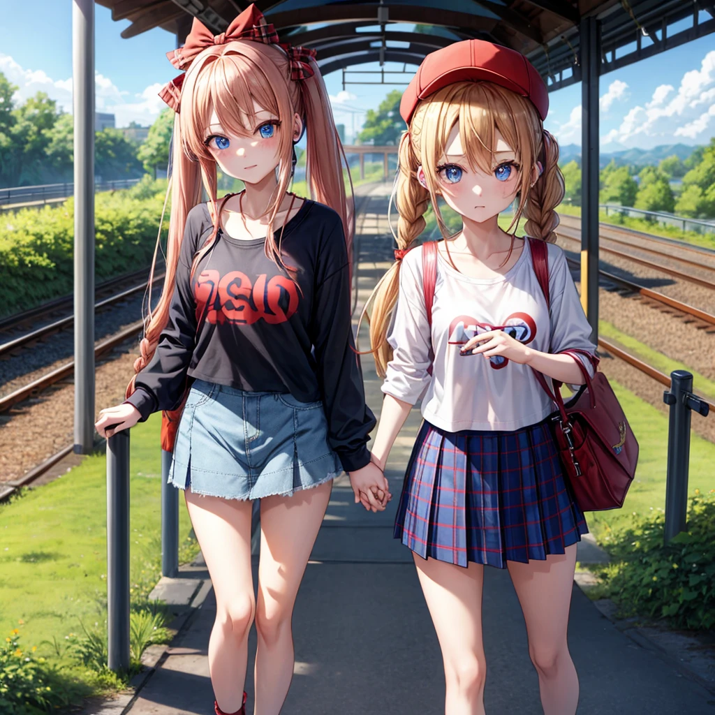 Red-blonde、Blue hair、blue eyess、Braids、poneyTail、one good looking girl、独奏、animesque、Plaid miniskirt、Black T-shirt、camisole、the woods、Walking、Wearing a plaid baseball cap、bare-legged、Tilting your face、log bridge、Doing the ribbon、Sunset sky、Wearing headphones、Stone bridge、train track