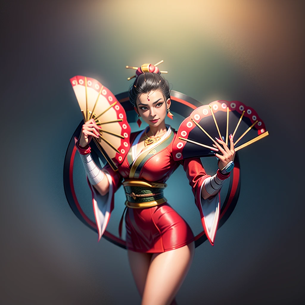 Queen, beautiful, necklace, black hair in 1 top knot,2 hair pins,sexy, design on clothes,milf,design on clothes,milf,form fitting kimono type clothes,plain kimono, red-mehroon fans, reddish clothes, gold patterns,high quality,8k, slight smile, villainess , bandaged hands,