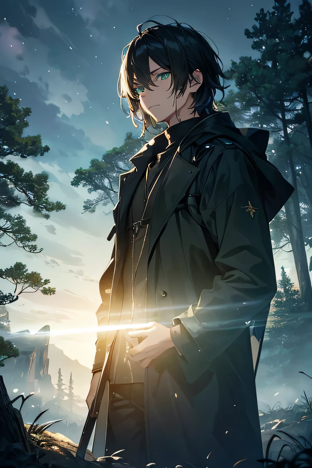 (Best Quality,4K,8K,hight resolution,masutepiece:1.2),Ultra-detailed,Realistic,photoRealistic:1.37,Portraits,Fantasy,Night,Bokeh,Vivid colors,Contrasty,Detailed shadows,hidden treasures,Moonlight,serene ambiance,Faint clouds,Ethereal,a mythical creature,mystical forest,magic aura,dreamlike landscape,Majestic mountain々,Strong composition,adventure,Sword,Moonlit path,Dark wood,enchanting atmosphere,nostalgic,Vibrant nature,Dramatic Lighting,rays of Moonlight,Glowing eyes,Mysterious Man,Quiet loneliness,surreal atmosphere,enticing,vivid green eyes,Black hair,Green shirt,Black coat