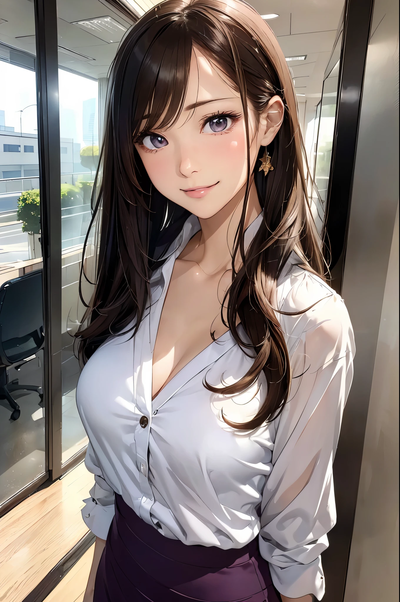 (masutepiece:1.3), High resolution, ultra-detailliert, the Extremely Detailed CG Unity 8K Wallpapers, Realistic, photo-Realistic, Raw photo, beautifull detailed face, pale skin, Realistic glistening skin, Detailed Cloth Texture, detailed hair texture, Perfect body, Beautiful face, 准确, Anatomically correct, Highly detailed face and skin texture, Natural neck length, (beautiful hand air skin:1.2), thin legs, Thin feet, BREAK, Detailed eyes, symmetrical eye, Light brown eyes, Double eyelids, Thin eyebrows, (Glossy lips:1.4), ((gently smiling, Waiting for a kiss:1.2)), (blush:1.1), BREAK, (Classy and cute girl:1.3), (Wearing a classy light purple button shirt:1.2), (Wearing a long skirt with a pencil skirt:1.2), Close the button, medium large breasts, (Slender figure:1.1), Firm abs, Beautiful collarbone, (Dark blonde hair, Wavy Hair, Long hair:1.2), ((asymmetrical bangs:1.2)), BREAK, ((Stand inside the reception, Leaning forward:1.1)), (In a modern office building in Japan:1.2), (close up of face:1.2), Looking at Viewer, from the front side,