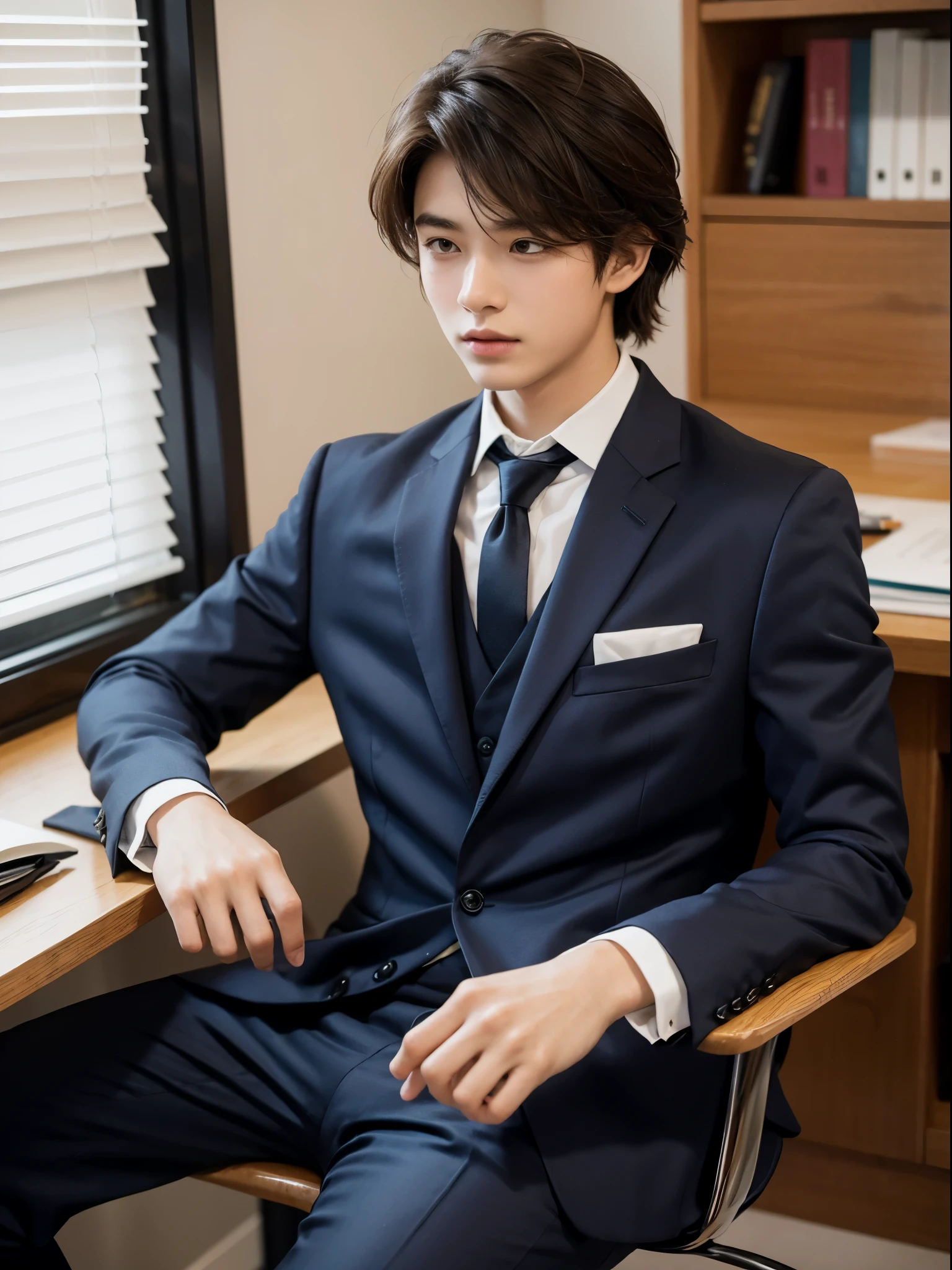 boy, 19y.o, comma hair, suit, office