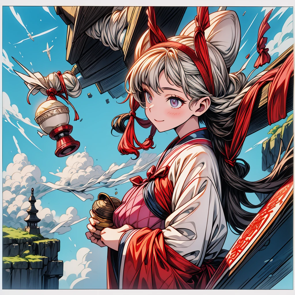 (Mochi pounding tournament:1.4), masutepiece, hightquality, hight resolution, realistic anime sketch, A kawaii girl peeking out of a big bag of good luck, a bag of New Year's good wishes, and a huge smile., Set in a bright scene with a top-down perspective, The main character is a shrine maiden., Symbolizes the start of an auspicious year, In traditional costume, pestle and mortar, (The background is rich and delicate),
