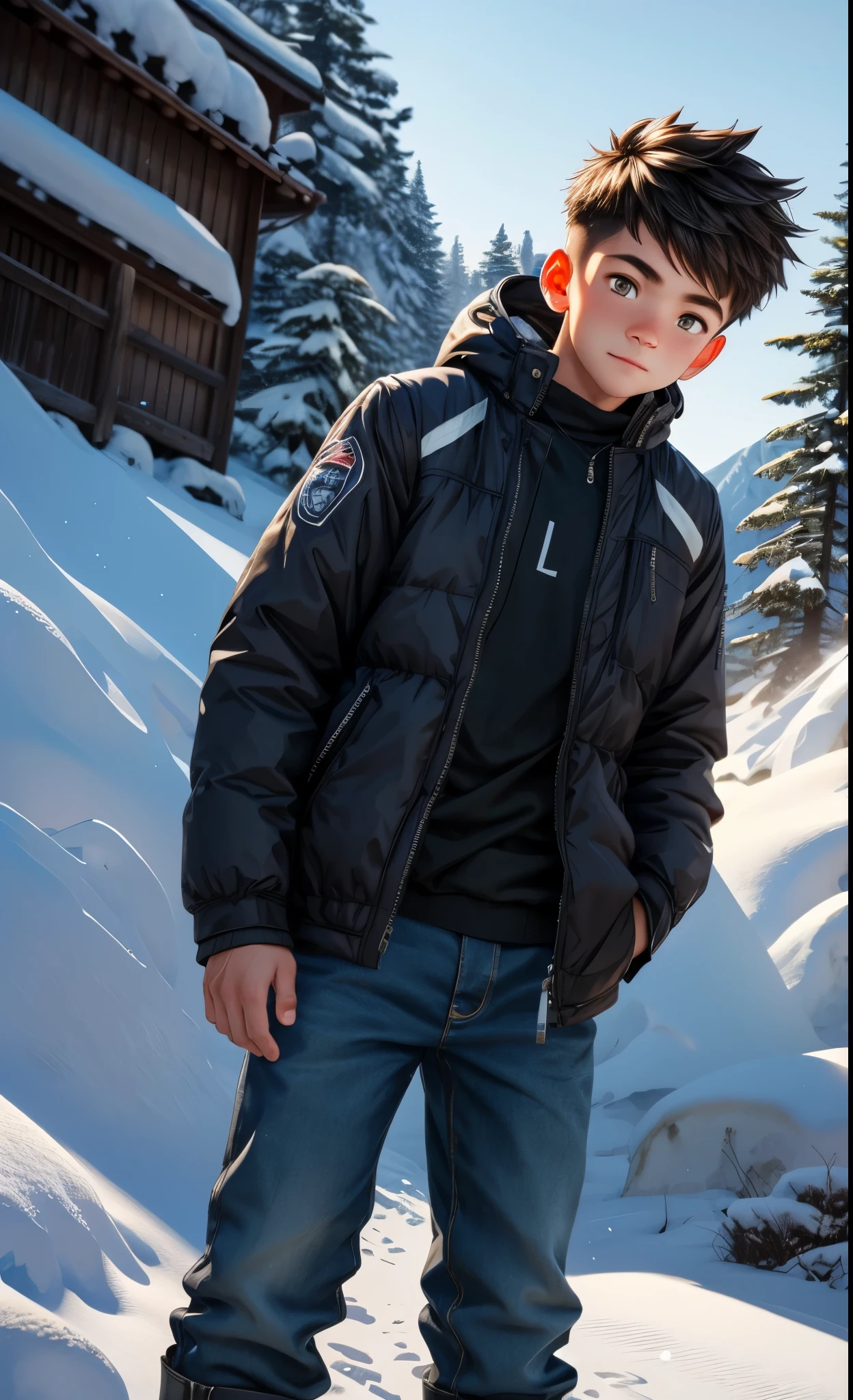 A boy wearing clothes on a snow-covered slope, Hyper-Realism, Highly detailed background, 8K UHD, Digital SLR, Soft lighting, High quality, Film grain, FUJI XT3, hard disk, sharp, Overall Details, 。.3D, OC rendering, Unreal Engine, Detailed face, Detailed skin, Detailed eyes, Realistic,