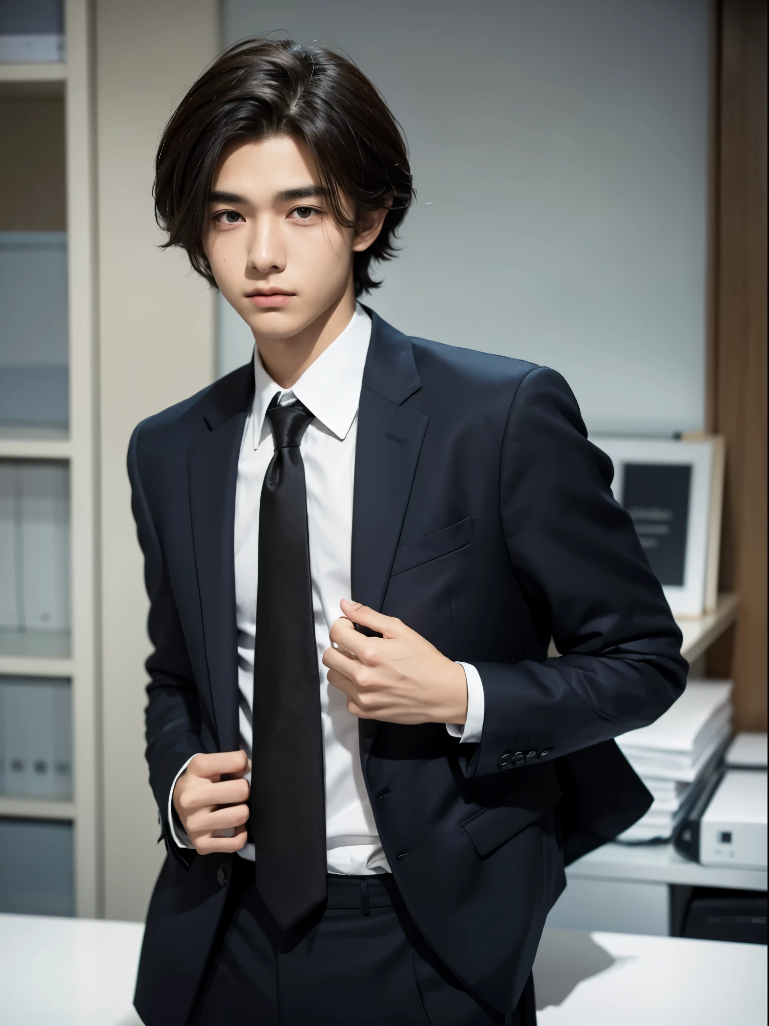 boy, 19y.o, comma hair, suit, office