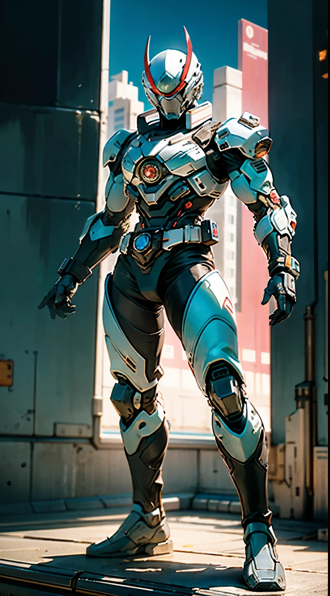 A super a high-tech biotech battle suit, standing on a rooftop, looking over the city, Japanese tokusatsu and American comic style, biometallic texture of the suit, sleek and shiny, dynamic, fast, natural light, cinematic, high quality, high resolution, high detail, sophisticated design, dramatic, high definition, ultra-detailed, ultra-fine painting, extremely delicate, creativity, Natural light, cinematic lighting, best shadow, masterpiece-anatomy-perfect