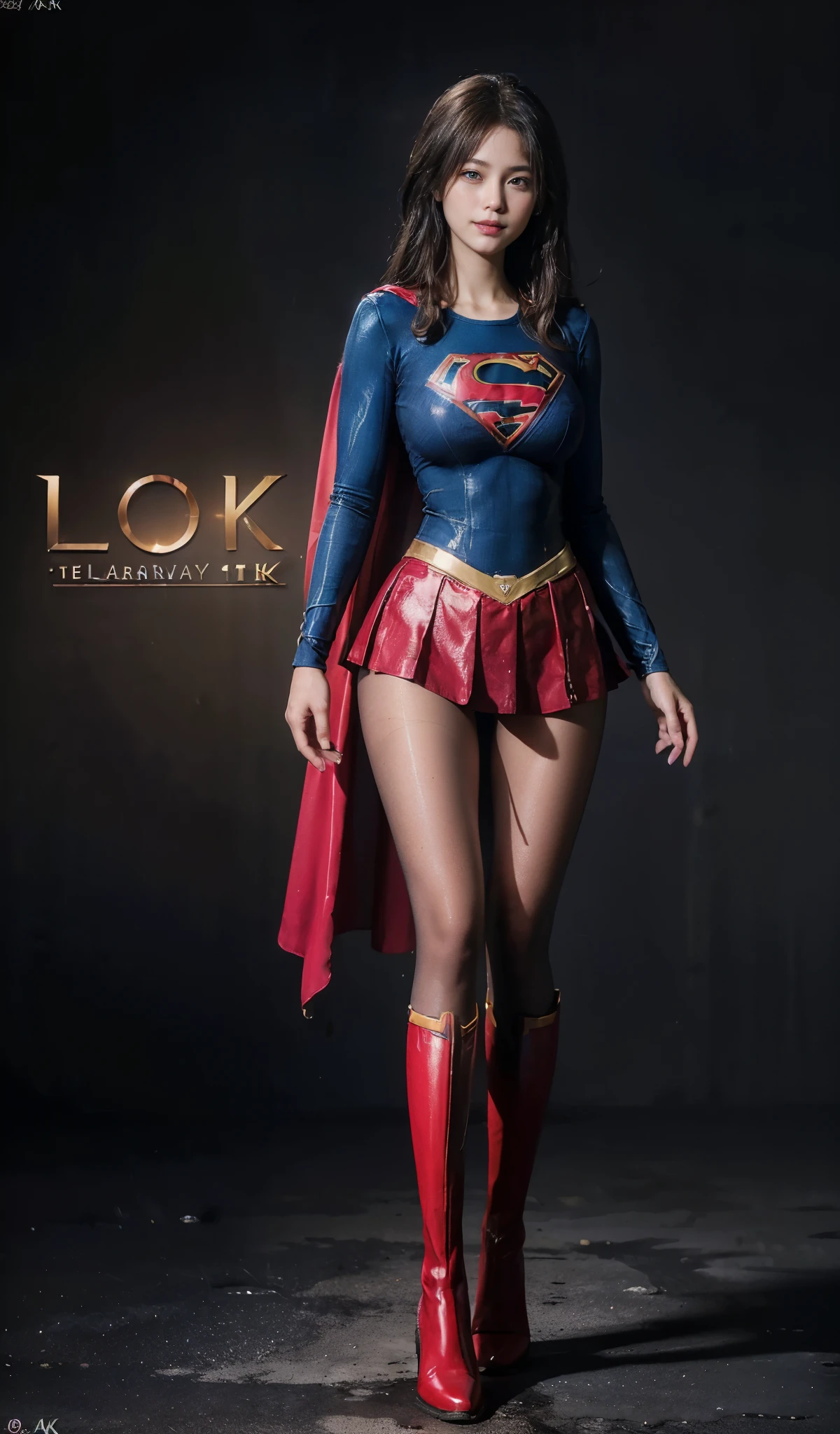 No background、Fitted Supergirl costume、Body Fit Costumes、and draw the full body、(((Wear black tights on your beautiful legs.)))、(((Grow legs、tall、Legally express the beauty of your smile)))、((((Make the most of the original image)))、(((Supergirl Costume)))、(((beautiful hairl)))、(((Suffering)))、(((Feet must necessarily be worn with black tights)))、(((You need to wear red boots)))、((Top image quality、8K))、((top-quality、8K、​masterpiece:1.3))、(((Keep Background )))、Crisp focus:1.2、Beautiful woman with perfect body shape:1.4、Slender Abs:1.2、a wet body:1.5、Highly detailed facial and skin texture、8K