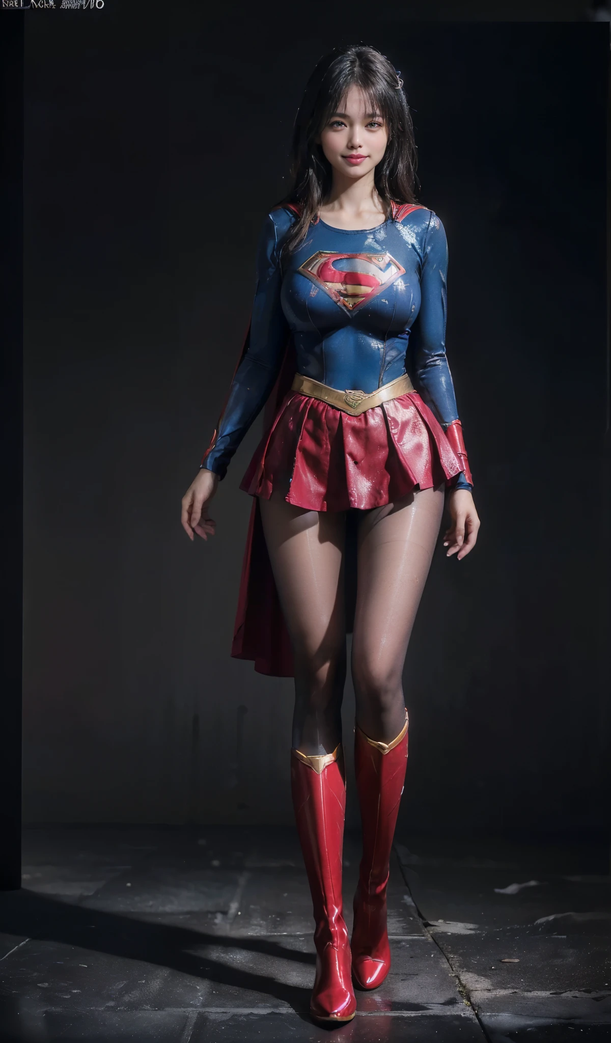 No background、Fitted Supergirl costume、Body Fit Costumes、and draw the full body、(((Wear black tights on your beautiful legs.)))、(((Grow legs、tall、Legally express the beauty of your smile)))、((((Make the most of the original image)))、(((Supergirl Costume)))、(((beautiful hairl)))、(((Suffering)))、(((Feet must necessarily be worn with black tights)))、(((You need to wear red boots)))、((Top image quality、8K))、((top-quality、8K、​masterpiece:1.3))、(((Keep Background )))、Crisp focus:1.2、Beautiful woman with perfect body shape:1.4、Slender Abs:1.2、a wet body:1.5、Highly detailed facial and skin texture、8K