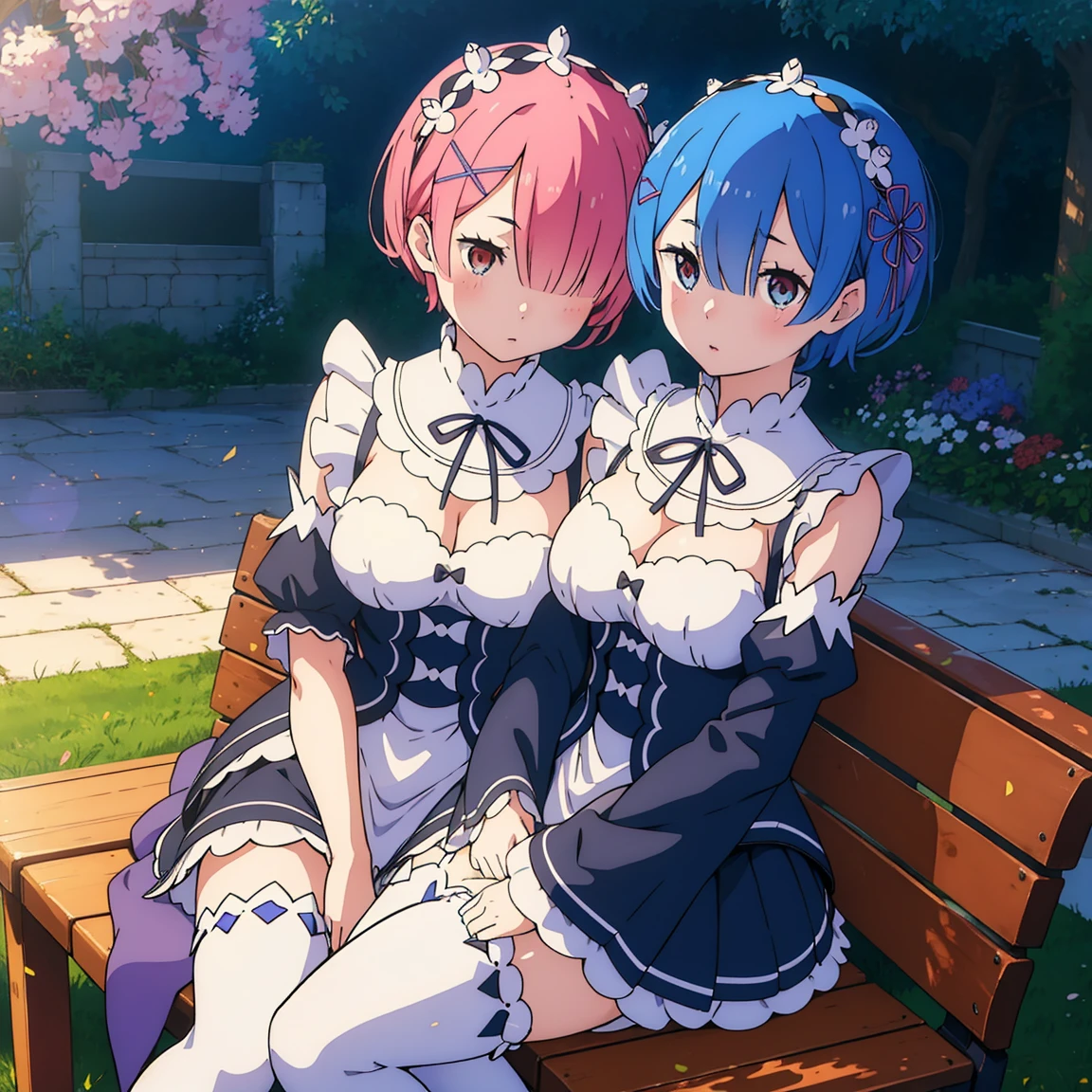 masutepiece, Best Quality, (Colorful), (Delicate eyes and face), Volumetric Lights, Ray tracing, the Extremely Detailed CG Unity 8K Wallpapers, (2girls:1.3), (Remlin:0.7), (Ramchi:0.8), Hair over one eye, maid, Purple Ribbon, maid headdress, roswaal mansion maid uniform, Detached sleeves, white thighhig, Sitting, Benches, garden, Blue sky、??やPubic hair cannot be hidden with clothes、??も- The pubic area is also fully visible、??やPubic hair cannot be hidden with clothes、??も- The pubic area is also fully visible、??やPubic hair cannot be hidden with clothes、??も- The pubic area is also fully visible、??やPubic hair cannot be hidden with clothes、??も- The pubic area is also fully visible、Pubic hair cannot be hidden with clothes、- The pubic area is also fully visible、Pubic hair cannot be hidden with clothes、- The pubic area is also fully visible、