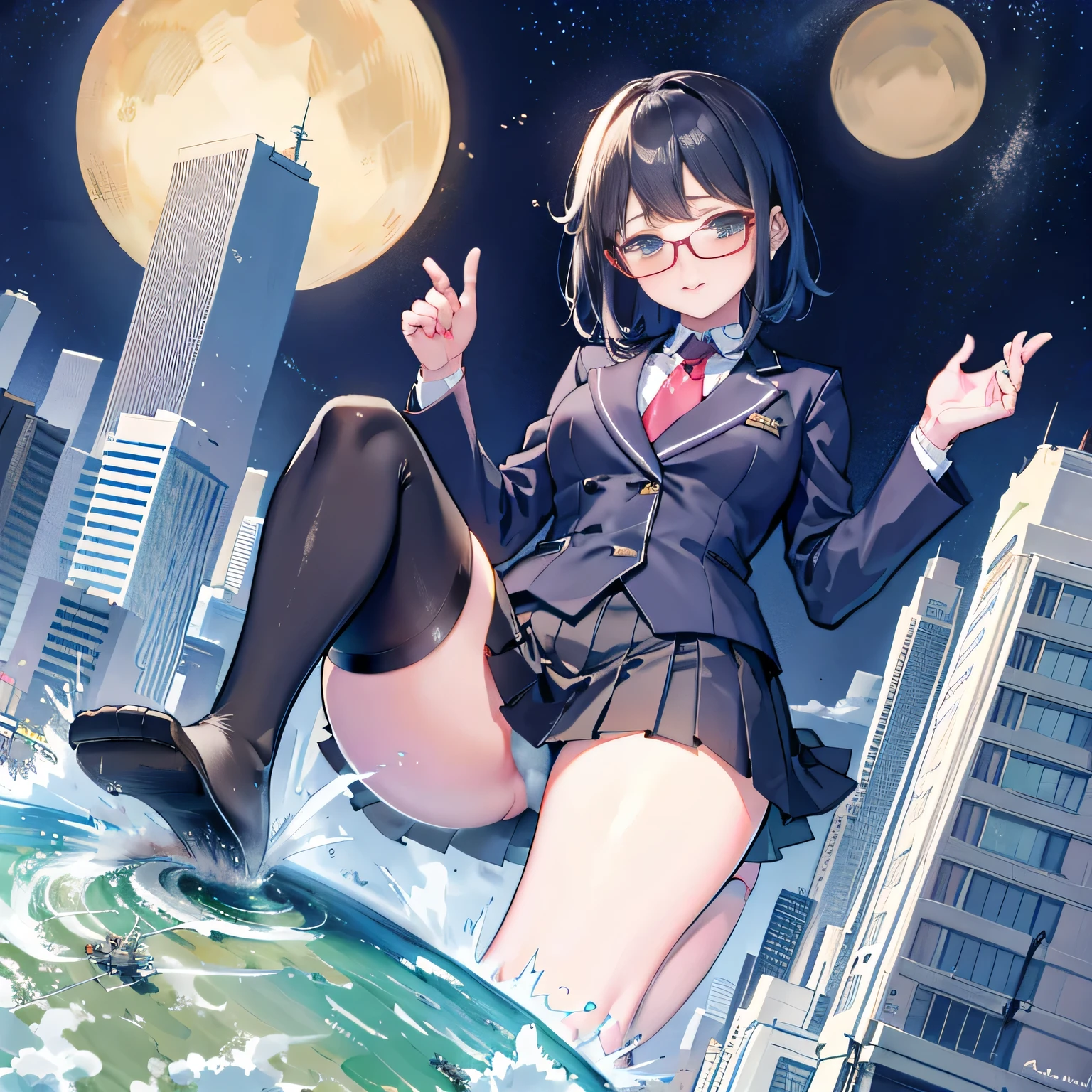 Multiple girls, der riese art, a hyperrealistic schoolgirl, 非常に詳細なder rieseショット, der riese, Shorthair, a huge high school girl、&#39;It&#39;s much bigger than a skyscraper, Wearing rimless glasses, Colossal tits, Big ass, Navy blue blazer, Red tie, Mini Length Skirt, Black pantyhose, i don't wear shoes., miniature metropolis, i&#39;I am playing with capturing very small aircraft carriers and battleships.., nffsw, giga der riese, der riese, crashed warship, small warship, micro warship,