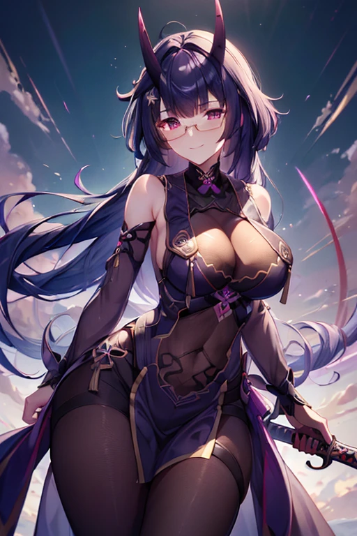 (highly detailed:1.3), 1girl, solo, light smile, glasses, wrench_aqueousmei, Ultra-detail, (highres:1.1), best quality, (masterpiece:1.3), cinematic lighting, scenery, ink, samakan dengan raiden mei full body dan baju Herrscher of thunder, holding sword