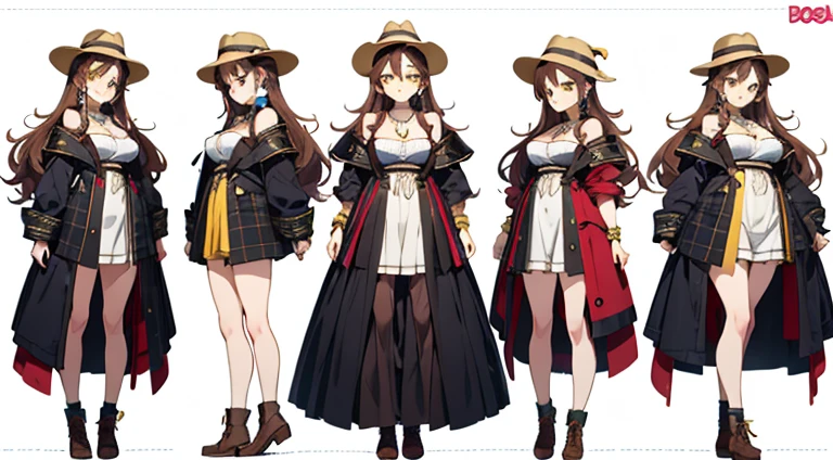 girl,anime, highest quality, brown hair , beautifull face, yellow eyes, lady's outfit, 17 years old, boobs, lady's hat, necklace ,bracelet, earrings, 1.65 meters,
cute, standing, full body