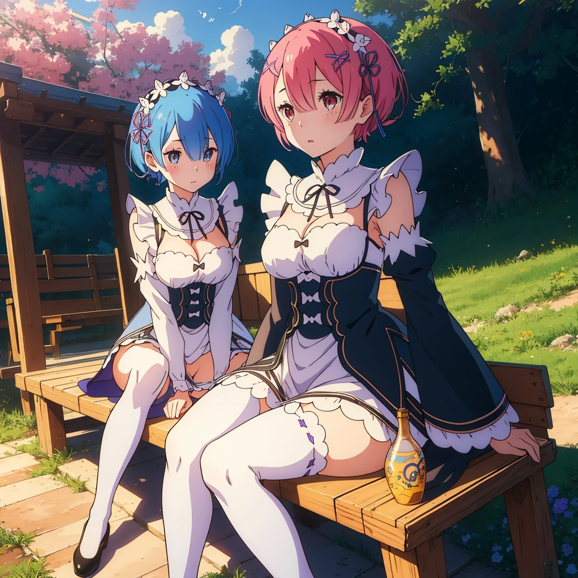 masutepiece, Best Quality, (Colorful), (Delicate eyes and face), Volumetric Lights, Ray tracing, the Extremely Detailed CG Unity 8K Wallpapers, (2girls:1.3), (Remlin:0.7), (Ramchi:0.8), Hair over one eye, maid, Purple Ribbon, maid headdress, roswaal mansion maid uniform, Detached sleeves, white thighhig, Sitting, Benches, garden, Blue sky、乳首やPubic hair cannot be hidden with clothes、乳首も- The pubic area is also fully visible、乳首やPubic hair cannot be hidden with clothes、乳首も- The pubic area is also fully visible、乳首やPubic hair cannot be hidden with clothes、乳首も- The pubic area is also fully visible、乳首やPubic hair cannot be hidden with clothes、乳首も- The pubic area is also fully visible、Pubic hair cannot be hidden with clothes、- The pubic area is also fully visible、Pubic hair cannot be hidden with clothes、- The pubic area is also fully visible、