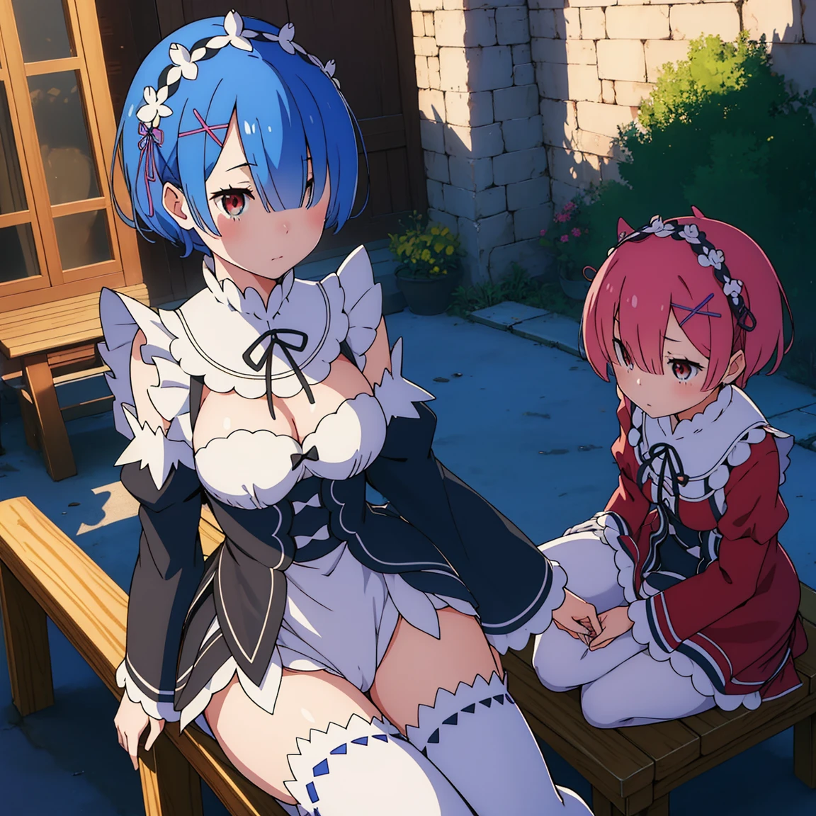 masutepiece, Best Quality, (Colorful), (Delicate eyes and face), Volumetric Lights, Ray tracing, the Extremely Detailed CG Unity 8K Wallpapers, (2girls:1.3), (Remlin:0.7), (Ramchi:0.8), Hair over one eye, maid, Purple Ribbon, maid headdress, roswaal mansion maid uniform, Detached sleeves, white thighhig, Sitting, Benches, garden, Blue sky、やPubic hair cannot be hidden with clothes、も- The pubic area is also fully visible、やPubic hair cannot be hidden with clothes、も- The pubic area is also fully visible、やPubic hair cannot be hidden with clothes、も- The pubic area is also fully visible、やPubic hair cannot be hidden with clothes、も- The pubic area is also fully visible、Pubic hair cannot be hidden with clothes、- The pubic area is also fully visible、Pubic hair cannot be hidden with clothes、- The pubic area is also fully visible、