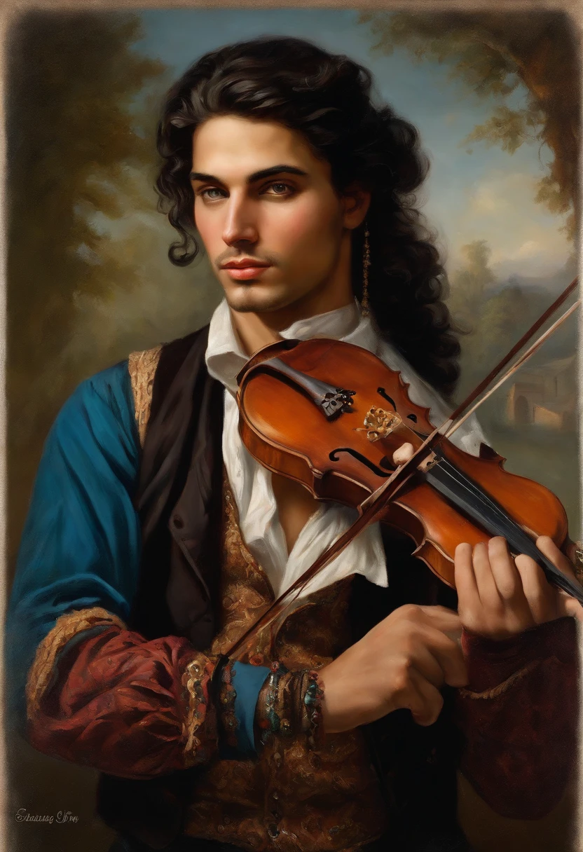 Baroque style painting of a young gypsy violinist, earrings and bracelets, beautiful and strong young man, dressed in a vest, shirt and pants in the style of the Victorian Era, blue eyes, long wavy, silky, black hair falling over his shoulders, ((playing the violin near a fire in a gypsy camp)).