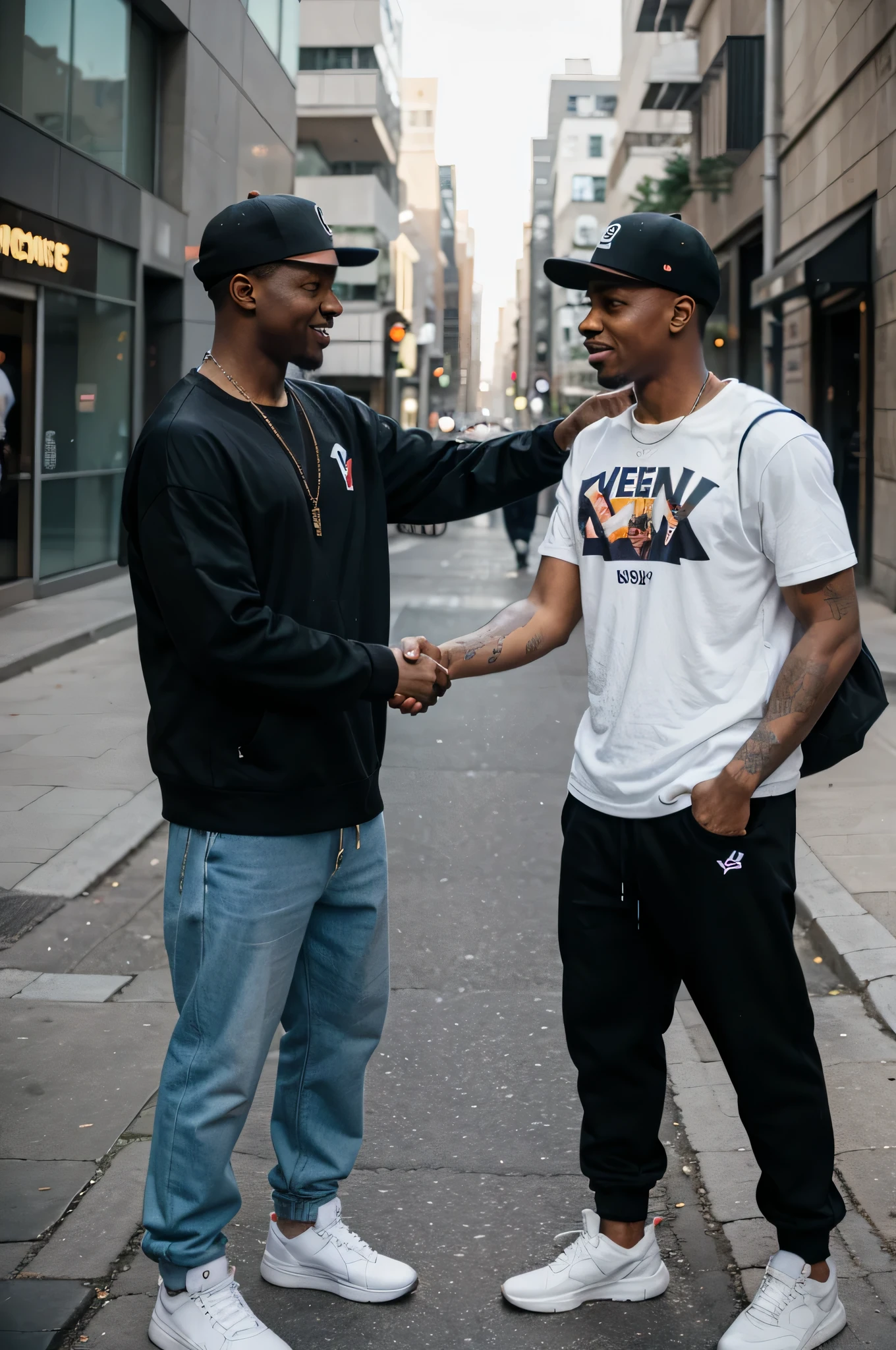 2 homens, estilo hip hop cumprimentando uns aos outros, como melhores amigos, Na rua