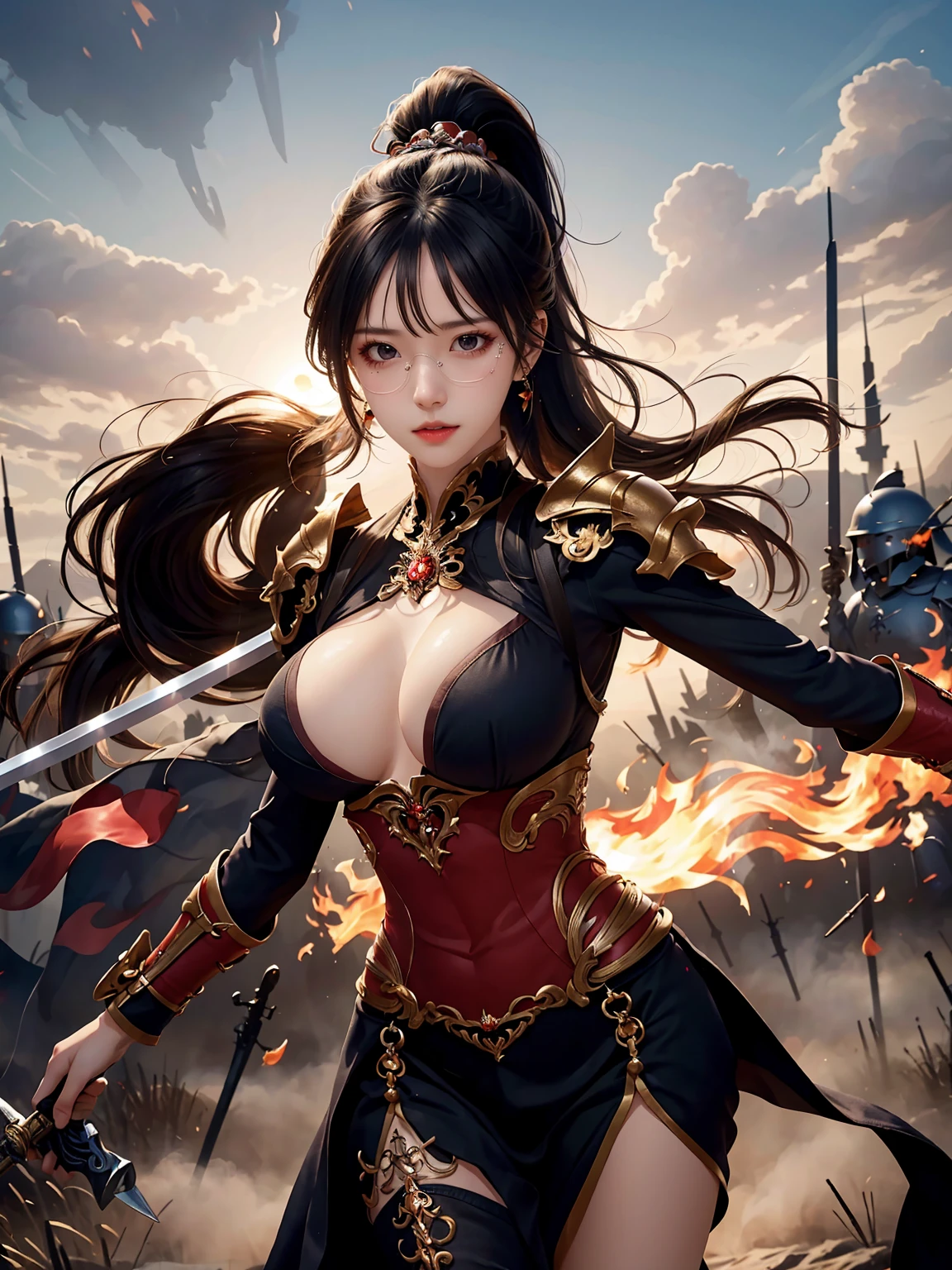 (masterpiece:1.3), live wallpaper, top-quality, Beautifully Aesthetic:1.2, ((1 girl)), solo, (red and white colors warrior steel armor and helmet), (black brown Hair, Straight hair, ponytail hairstyle), detailed face, detailed eyes, detailed ears, detailed lips, ((eye-glasses)), (perfect body (firm breast, nicely shaped breasts, slender figure)), (arms holding a big sword), (close shot:1.1), (From front:1.3), (Looking at viewer, confident expression, angry), (elegant stylish contraposto pose:1.2), (fighting on fantasy landscape:1.3), fantastic medieval sky, castle, flames, weapons, trees, troops, battelfield, ((At the middle of war battlefield :1.2)), intricate background, ultra realistic background
