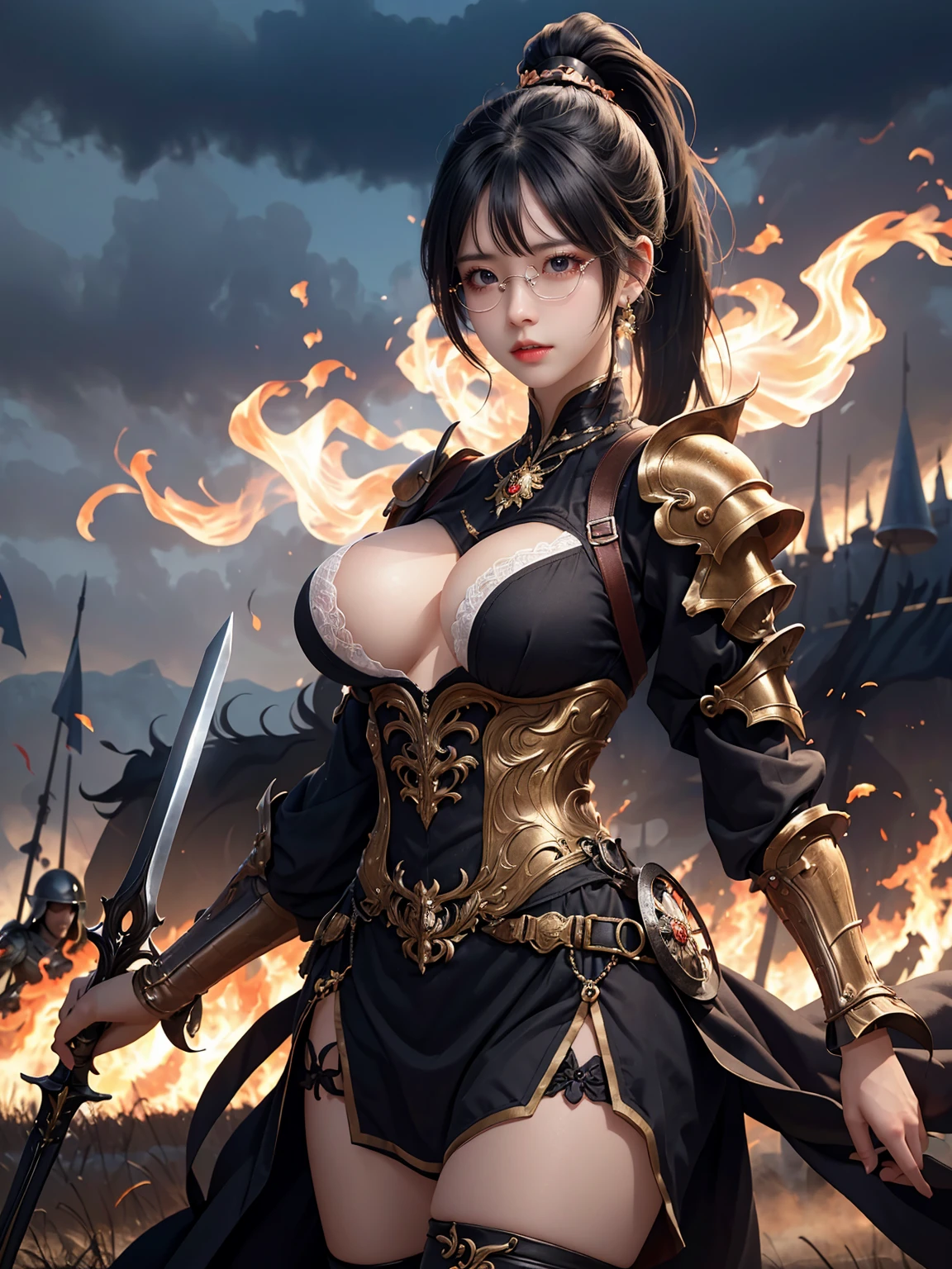 (masterpiece:1.3), live wallpaper, top-quality, Beautifully Aesthetic:1.2, ((1 girl)), solo, (red and white colors warrior steel armor and helmet), (black brown Hair, Straight hair, ponytail hairstyle), detailed face, detailed eyes, detailed ears, detailed lips, ((eye-glasses)), (perfect body (firm breast, nicely shaped breasts, slender figure)), (arms holding a big sword), (close shot:1.1), (From front:1.3), (Looking at viewer, confident expression, angry), (elegant stylish contraposto pose:1.2), (fighting on fantasy landscape:1.3), fantastic medieval sky, castle, flames, weapons, trees, troops, battelfield, ((At the middle of war battlefield :1.2)), intricate background, ultra realistic background