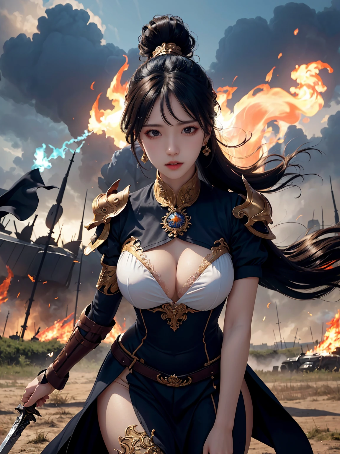 (masterpiece:1.3), live wallpaper, top-quality, Beautifully Aesthetic:1.2, ((1 girl)), solo, (red and white colors warrior steel armor and helmet), (black brown Hair, Straight hair, ponytail hairstyle), detailed face, detailed eyes, detailed ears, detailed lips, ((eye-glasses)), (perfect body (firm breast, nicely shaped breasts, slender figure)), (arms holding a big sword), (close shot:1.1), (From front:1.3), (Looking at viewer, confident expression, angry), (elegant stylish contraposto pose:1.2), (fighting on fantasy landscape:1.3), fantastic medieval sky, castle, flames, weapons, trees, troops, battelfield, ((At the middle of war battlefield :1.2)), intricate background, ultra realistic background