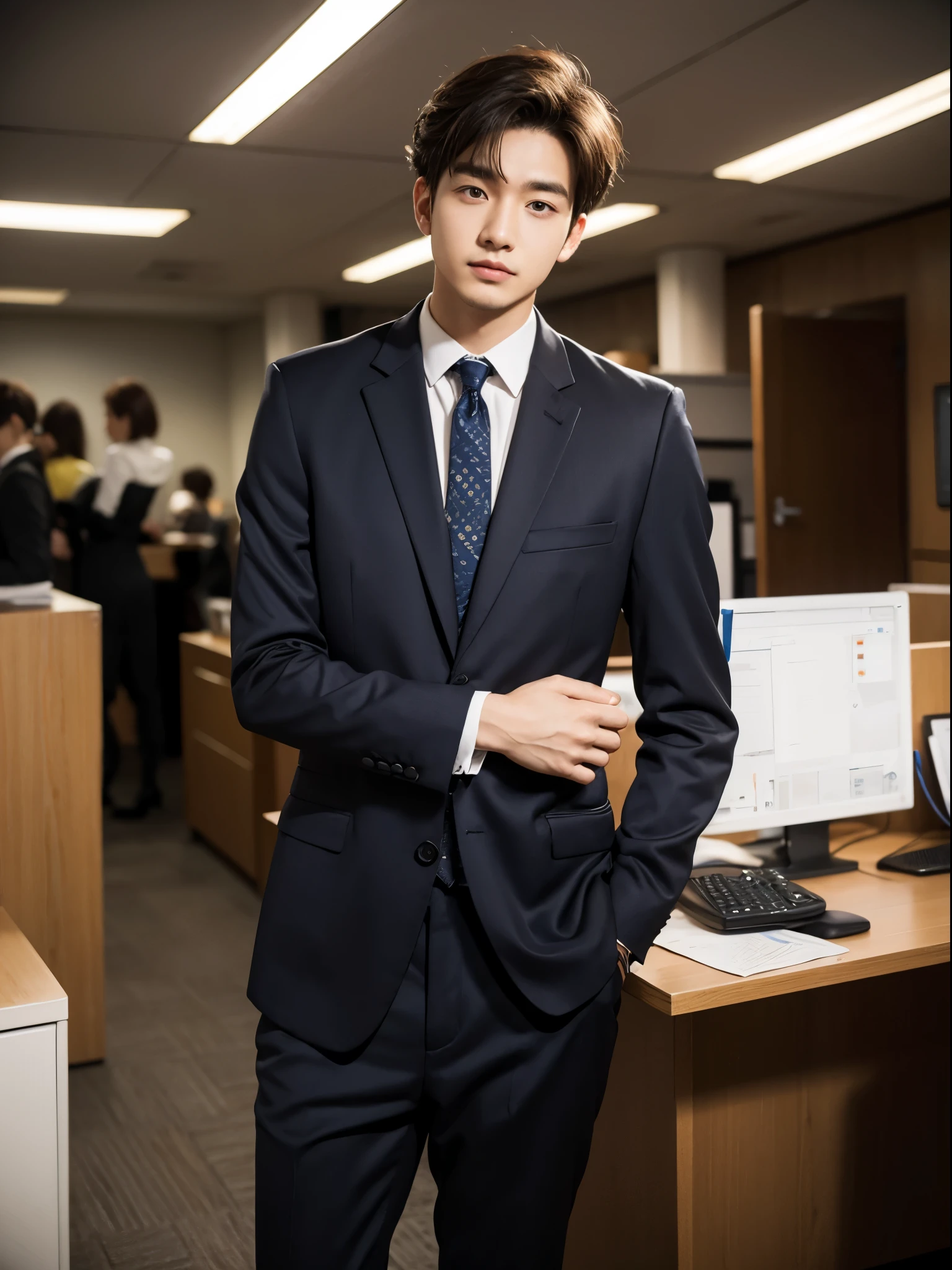 man, 25y.o, comma hair, suit, office