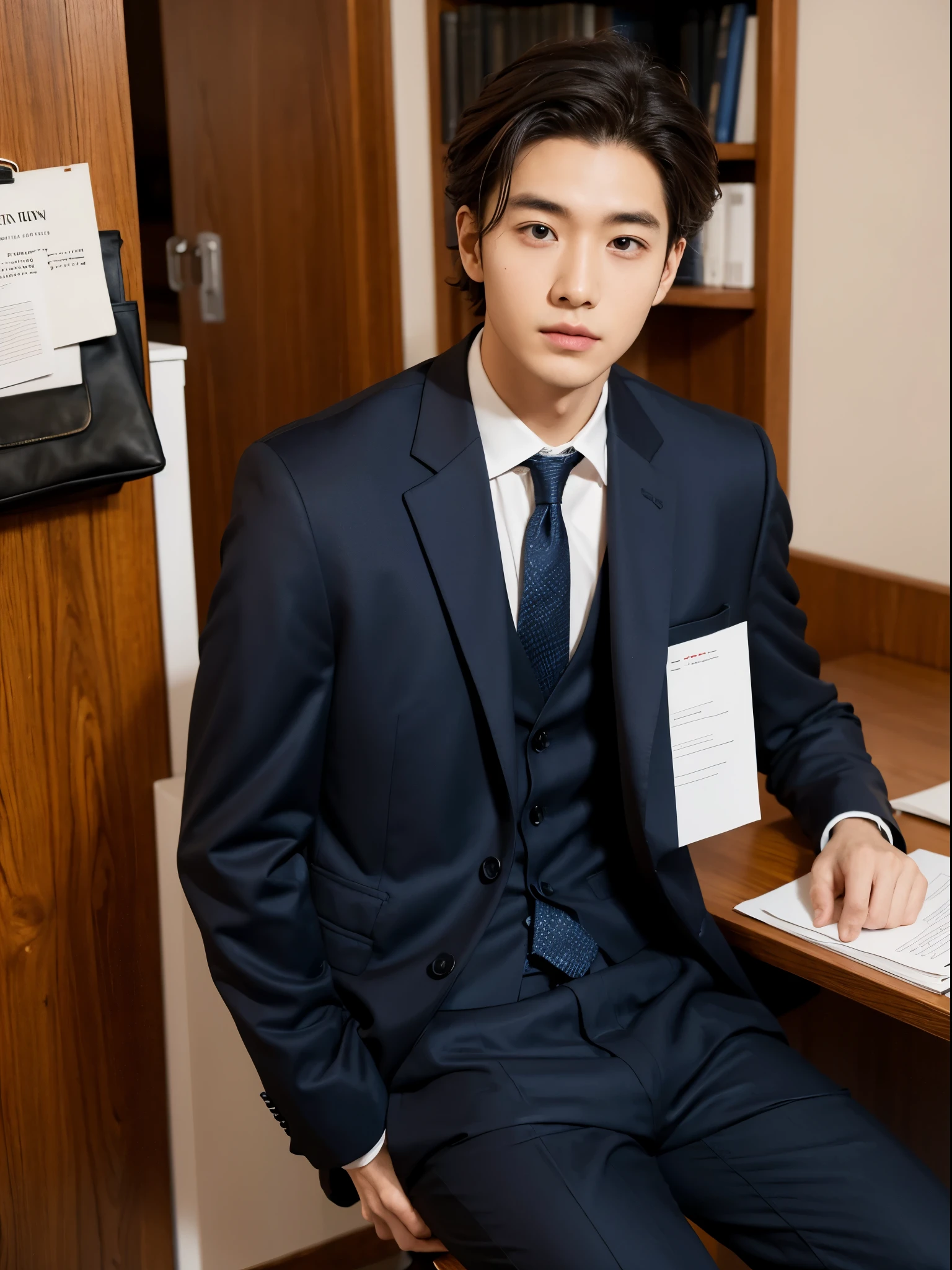 man, 25y.o, comma hair, suit, office
