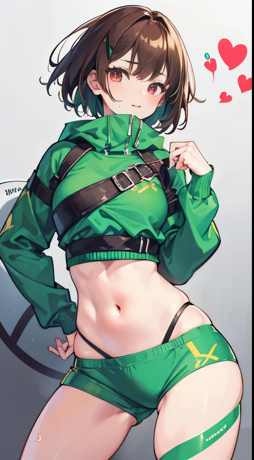 X-rated，Under the legend，Chara， girl，Red-eyed，ssmile，sexy for，green color，Chest leak，short crop top，hot pant，Stalling&#39;s gull body standing painting，lacivious pose，with short brown hair，The face is red，Underwear model，lust，Hand repair，the detail， The clothes ar，k hd，no underwares， television show，Upturned buttocks，out your tongue，Playful，love heart，Buttocks close up，sweat leggack Shadow，big ass