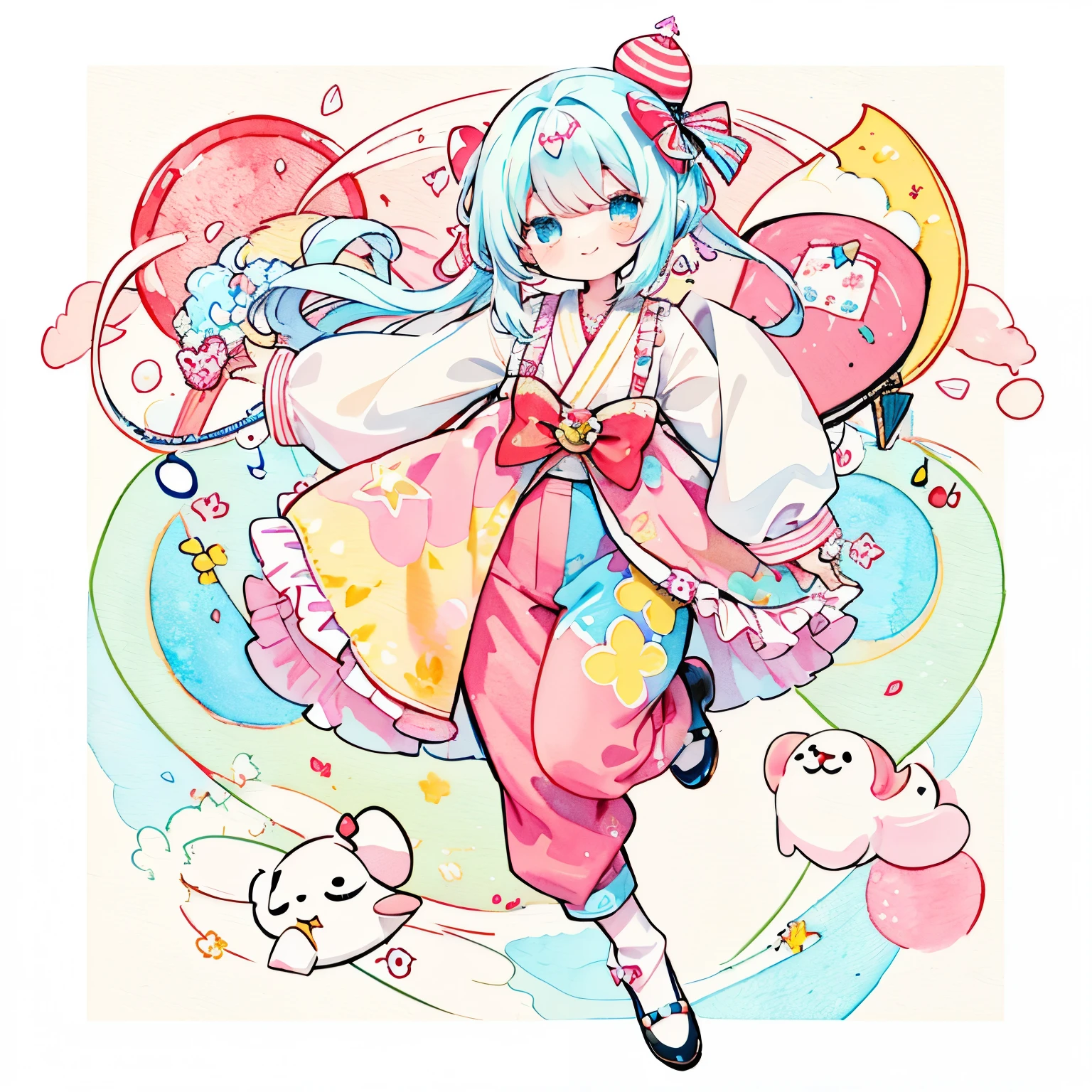(PastelColors:1.0)、(Cute illustration:1.5)、(watercolor paiting:1.2)、Many red petals are dancing、the wind、Background with、bobhair、A slight smil、Cute smile、(Cool designed costumes:1.0)、full body Esbian、The best smile、soft smiling、Smile cutely、kawaii faces、Cheerful、kirakira、Beautiful face、kirakira、Fantasia、Frolic、A delightful、Fashionable clothes、one girls、Solo Illustration、Red image、music、circus、clown clothes、plus size pants、sleeves swell、Clown shoes、pointy shoes、White polka dots、circusの服