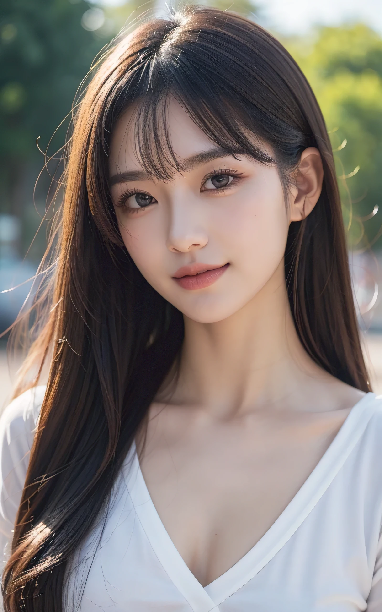 upperbody shot、front-facing view、a Japanese young pretty woman、16 yo, Gentle face、hyper cute face、shiny lips、Double eyelids in both eyes、Natural makeup, Smile, long eyelashes are bright, Bob Hair Tweeny Smooth Light Brown Hair、Hair swaying in the wind, asymmetrical bangs、Headframe、image in center、8K、high detailing、detailed hairstyle、A detailed face、spectacular movie lighting、octane renderings、with a vibrant、Ultra-realistic、Perfect limbs、perfect anatomia