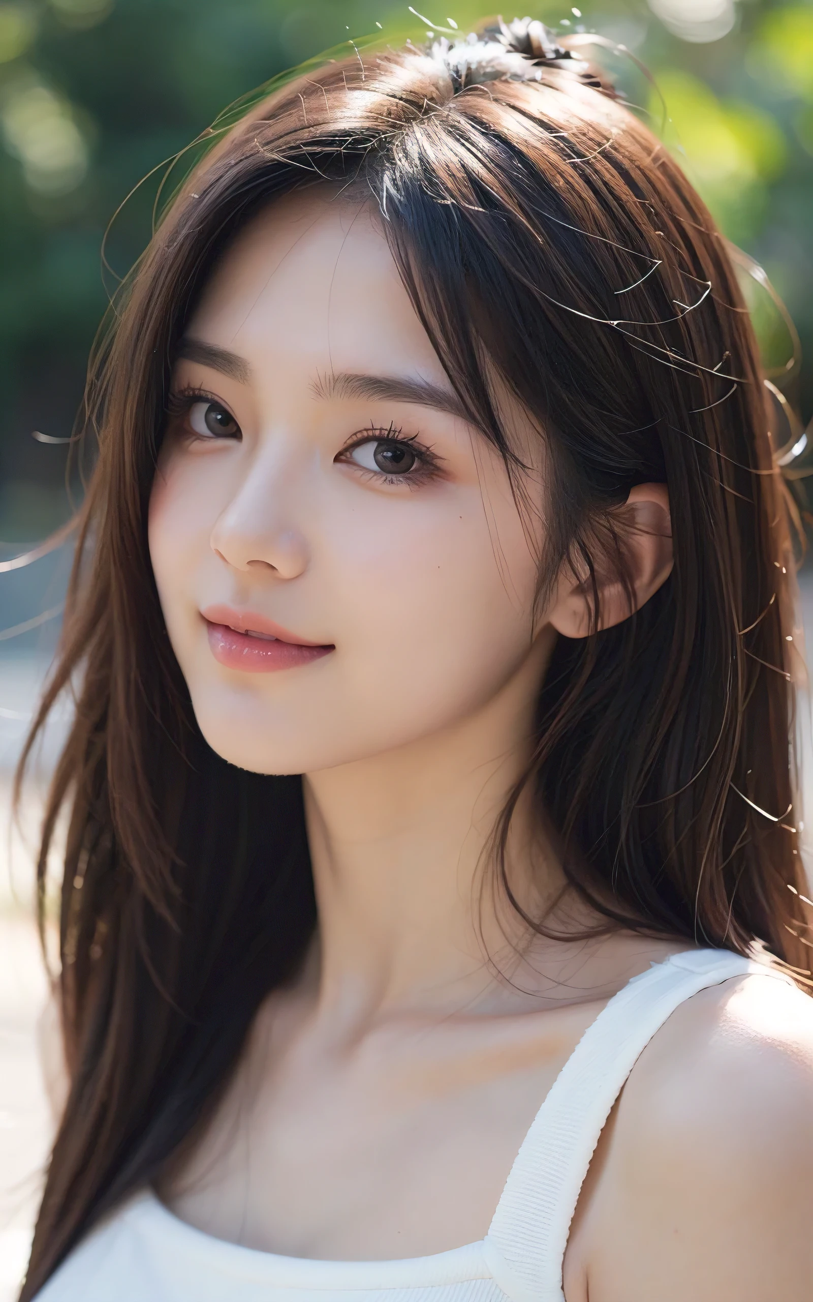 upperbody shot、front-facing view、a Japanese young pretty woman、16 yo, Gentle face、hyper cute face、shiny lips、Double eyelids in both eyes、Natural makeup, Smile, long eyelashes are bright, Bob Hair Tweeny Smooth Light Brown Hair、Hair swaying in the wind, asymmetrical bangs、Headframe、image in center、8K、high detailing、detailed hairstyle、A detailed face、spectacular movie lighting、octane renderings、with a vibrant、Ultra-realistic、Perfect limbs、perfect anatomia