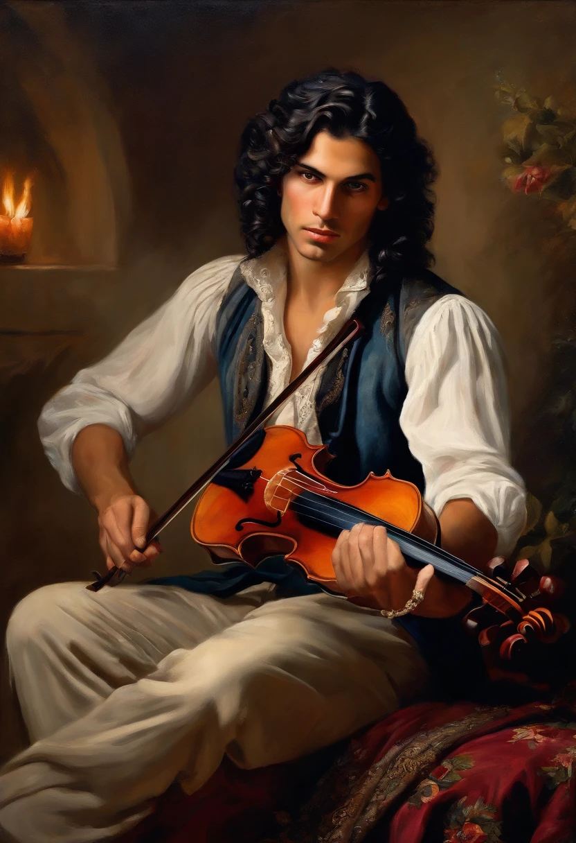 Baroque style painting of a young gypsy violinist, earrings and bracelets, beautiful and strong young man, dressed in a vest, shirt and pants in the style of the Victorian Era, blue eyes, long wavy, silky, black hair falling over his shoulders, ((playing the violin near a fire in a gypsy camp)).