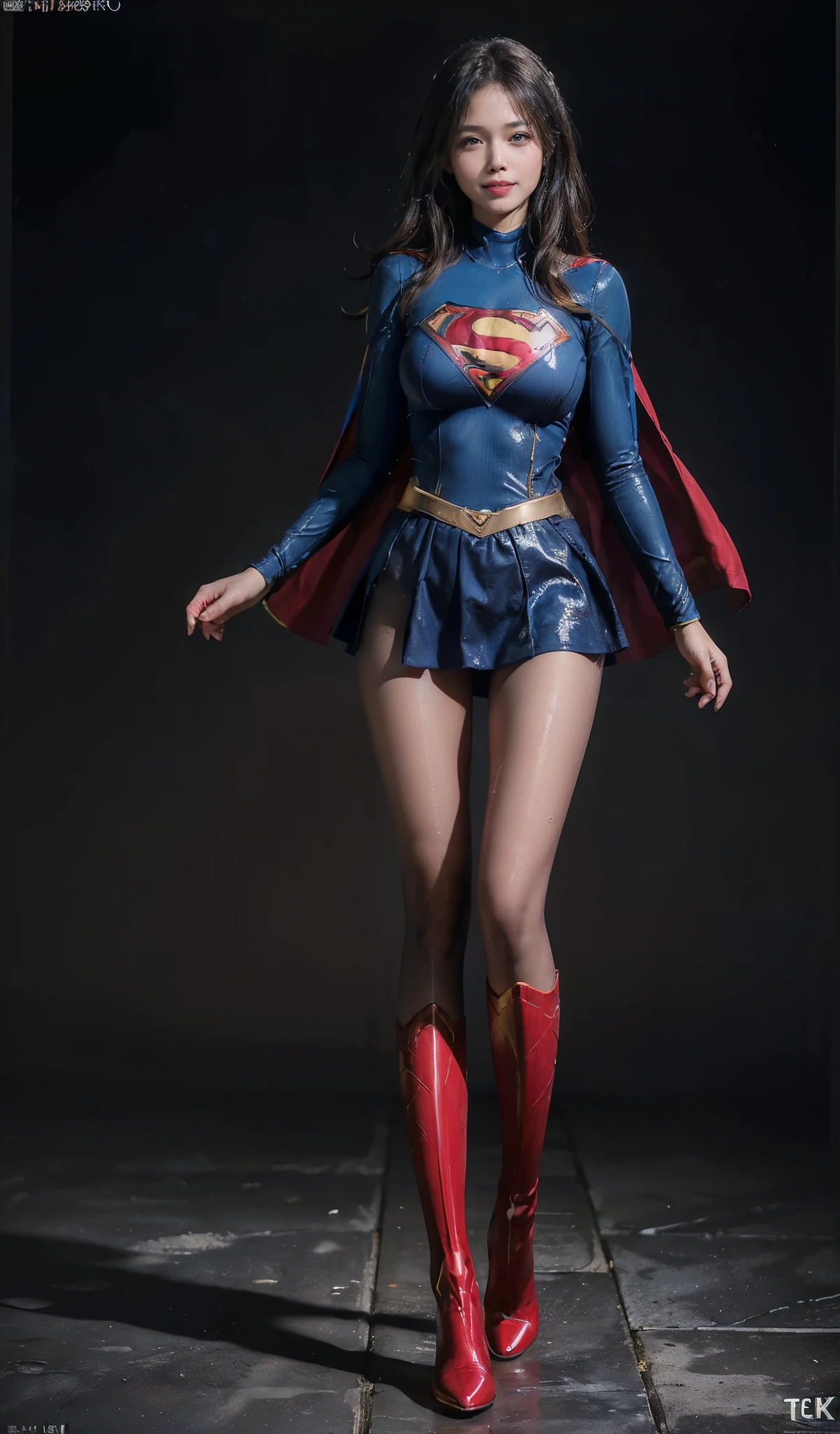 No background、Fitted Supergirl costume、Body Fit Costumes、and draw the full body、(((Wear black tights on your beautiful legs.)))、(((Grow legs、tall、Legally express the beauty of your smile)))、((((Make the most of the original image)))、(((Supergirl Costume)))、(((beautiful hairl)))、(((Suffering)))、(((Feet must necessarily be worn with black tights)))、(((You need to wear red boots)))、((Top image quality、8K))、((top-quality、8K、​masterpiece:1.3))、(((Keep Background )))、Crisp focus:1.2、Beautiful woman with perfect body shape:1.4、Slender Abs:1.2、a wet body:1.5、Highly detailed facial and skin texture、8K