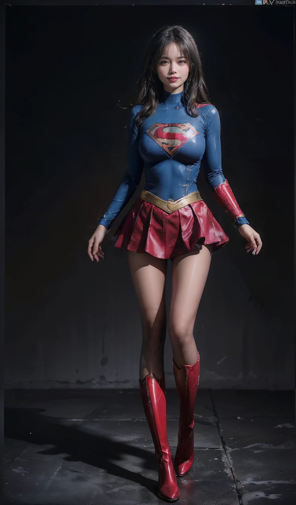 No background、Fitted Supergirl costume、Body Fit Costumes、and draw the full body、(((Wear black tights on your beautiful legs.)))、(((Grow legs、tall、Legally express the beauty of your smile)))、((((Make the most of the original image)))、(((Supergirl Costume)))、(((beautiful hairl)))、(((Suffering)))、(((Feet must necessarily be worn with black tights)))、(((You need to wear red boots)))、((Top image quality、8K))、((top-quality、8K、​masterpiece:1.3))、(((Keep Background )))、Crisp focus:1.2、Beautiful woman with perfect body shape:1.4、Slender Abs:1.2、a wet body:1.5、Highly detailed facial and skin texture、8K