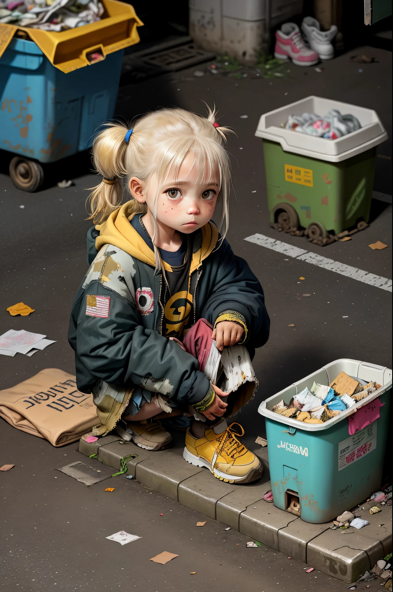 A little girl in very tattered clothes and poor, squatting on the ground selling matches in the cold night, well, poor eyes, on the street, tattered shoes, dirty, a lot of dust, next to a super huge cute yellow-haired cat to accompany her, next to the garbage can, dirty street, garbage truck