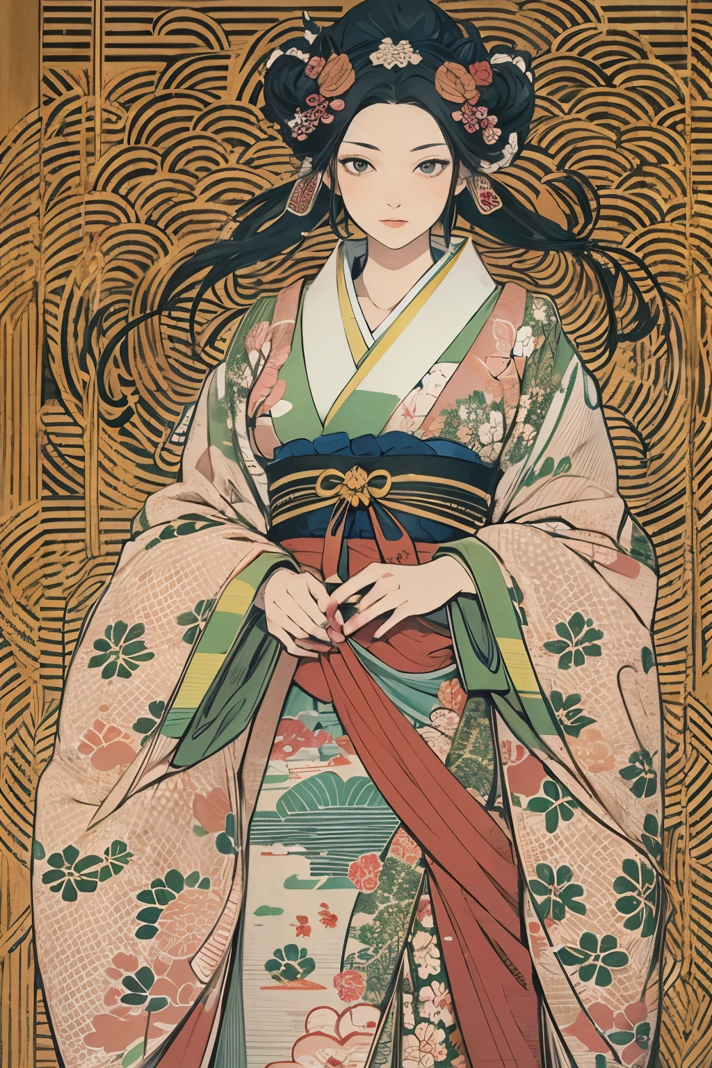Sharaku,Portrait of a woman,her breasts visible.,It will be centered on the image, Some Japan effects and decorations scattered throughout the photo