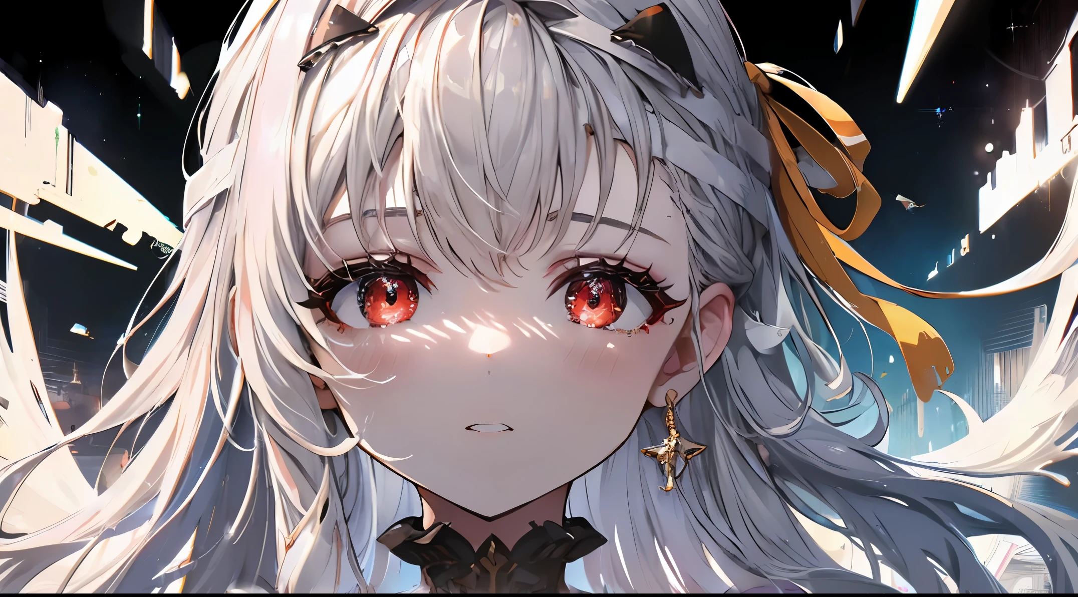 ((((Obra maestra, La mejor calidad, ultrahigh resolution)))), 1girl, standing, (cute maid costume), ((long silver hair, silver hair over eye)), long hair cut, pale skin, ((red eyes)), glowing_eyes, neon eyes, (ultra detailed eyes:0.7, beautiful and detailed face, detailed eyes:0.9), ((centered)), smile, ((wide shot)), facing viewer, ((vibrant background, bright lighting, summer, sunlight)), flat chested, looking at viewer, ((half closed eyes)), ((perfect hands)), (((head:1, arms, hips in view, elbows, arms, legs, in view))), ((hands behind back)), empty eyes, beautiful lighting, ((outside, outdoors)), defined subject, head tilt, (((gritty)), ((creepy)), ((cool)), ((beautiful)), (((SFW)))