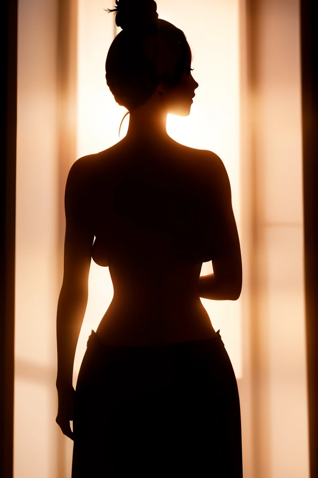 (Silhouette:1.5) of beautiful busty, back lighting