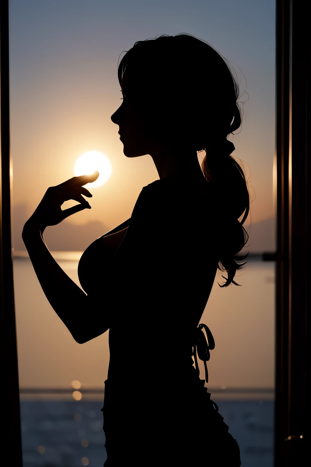 (Silhouette:1.4) of beautiful busty, back lighting, side view
