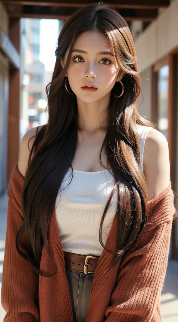 a girl ,long wavy brown hair, vistiendo top rojo con manga abullonada, Vaqueros, al fondo hay un edificio, Los ojos son azules, tetas grandes, cara linda