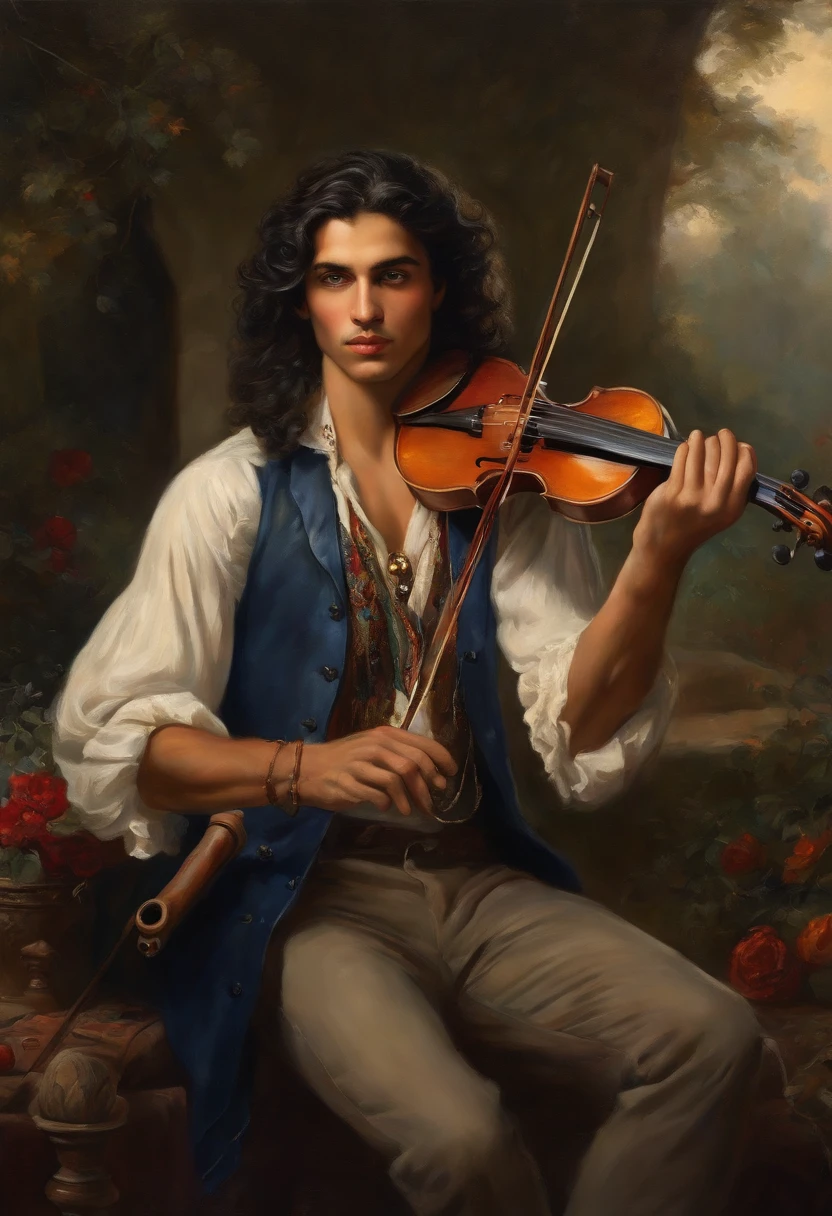Baroque style painting of a young gypsy violinist, earrings and bracelets, beautiful and strong young man, dressed in a vest, shirt and pants in the style of the Victorian Era, blue eyes, long wavy, silky, black hair falling over his shoulders, ((playing the violin near a fire in a gypsy camp)).