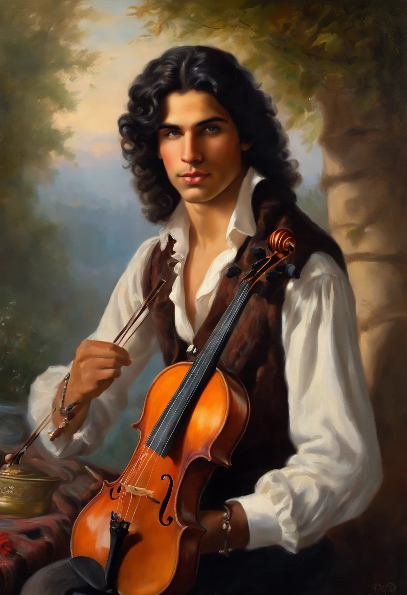 Baroque style painting of a young gypsy violinist, earrings and bracelets, beautiful and strong young man, dressed in a vest, shirt and pants in the style of the Victorian Era, blue eyes, long wavy, silky, black hair falling over his shoulders, ((playing the violin near a fire in a gypsy camp)).