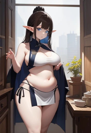 (pornography), (anime,8k,masterpiece, top quality, best quality,beautiful and aesthetic:1.2,professional illustrasion:1.1,ultra detail:1.erfect lighting), extremely detailed, highest detailed, incredibly absurdres, highres, ultra detailed, intricate:1.6, (girl), noble, (highly detailed beautiful face and eyes), pale skin, thighs, large breasts, big areola, blue eyes, elf ears, brown hair, long hair, straight hair, long skrt, oily skin, cute, bare shoulders, china dress, chinese clothes, short dress, cleavage cutout, sideboob, thighs, big belly, fat, curvy, round belly