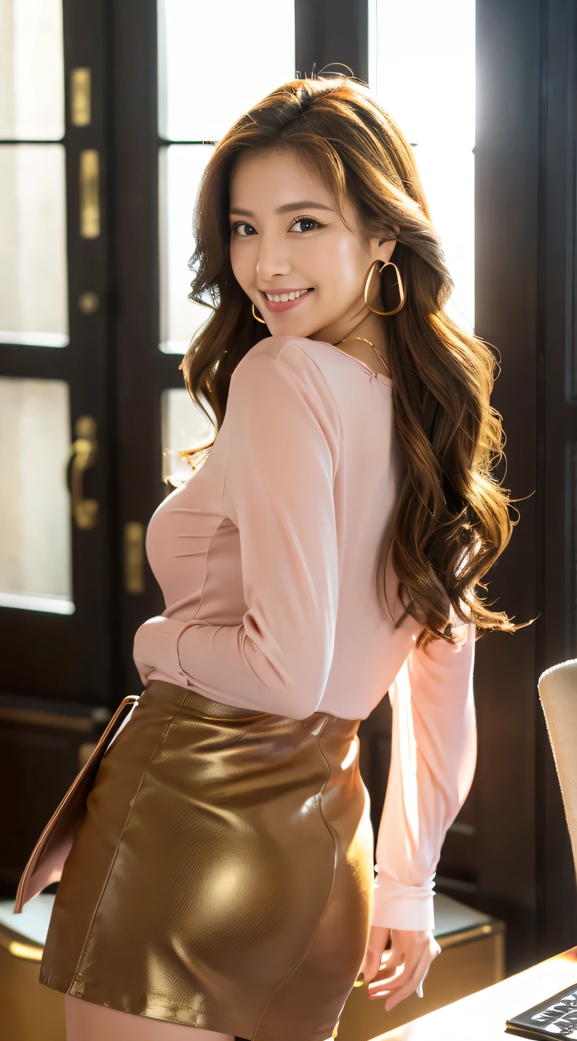 A woman in a pink shirt and gold skirt posing for a picture - SeaArt AI