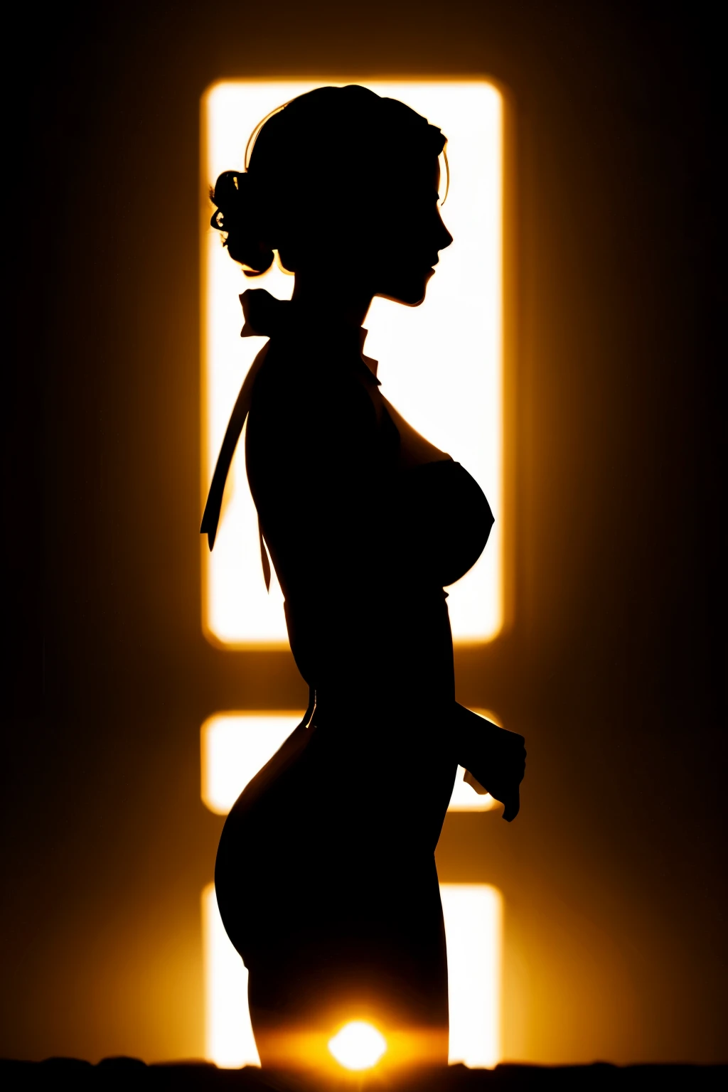 (Silhouette:1.6) of beautiful busty, back lighting, side view, Downtown at sunrise