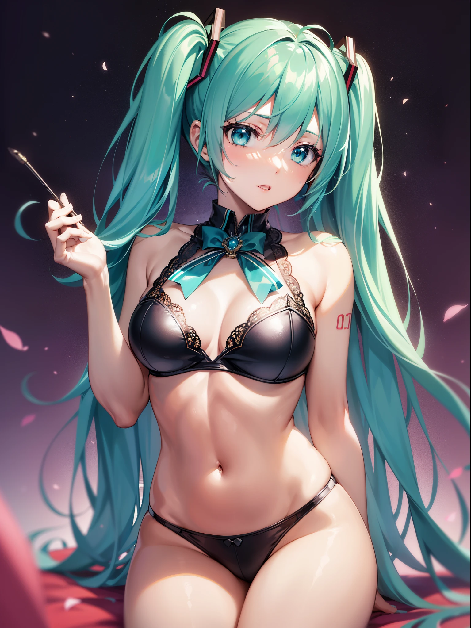 (((miku hatsune))), Blue underwear, The highest image quality, hightquality, high detailing, 超A high resolution, 8K resolution, depth of fields, Cinematography, intricate detailes, Elaborate, meticulous, Magnificent, Maximum Detail, Extreme beauty