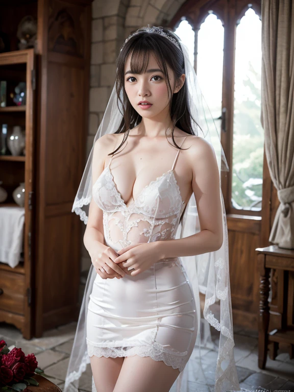 (RAW photo:1.2), (photorealistic:1.4),(intricate details:1.2),(masterpiece:1.3),(best quality:1.4), (ultra highres:1.2), cinema light, ultra high res,(detailed eyes),(detailed facial features),(detailed clothes features), HDR, 8k resolution, looking at viewer, skin tight, (shiny skin),(slender girl),dreamlike,((white lace wedding dress)),nsfw, ((detailed wedding veil with flowers)), long white gloves, white ribbon, narrow waist, translucent, (extreme detailed illustration),, 1girl, cute, innocent, (smile), skinny body, indoors, firm breasts, small breasts