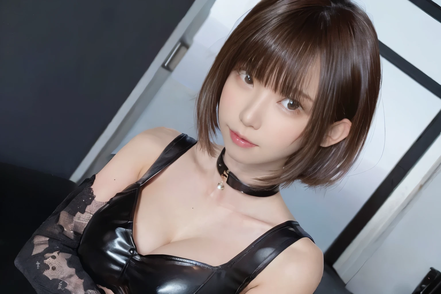 nsfw, 1girl in, (solo), masterpiece, best quality, 8K, hight resolution, extremely detailed girl, extremely detailed beautiful face, Beautiful skin, shiny skin, perfect anatomy, face focus, (dutch angle:1.2), cowboy shot, stylish pose, looking at viewer, smile, brown hair, short hair, medium breasts, cleavage, navel, shiny black revealing clothes, black article thin clothes, black see-through clothes, gold chain belt, jewelry, necklace, undressing, bare shoulders, thong, open clothes, shiny lip, simple background, simple color background, Sharp Focus, face lights,