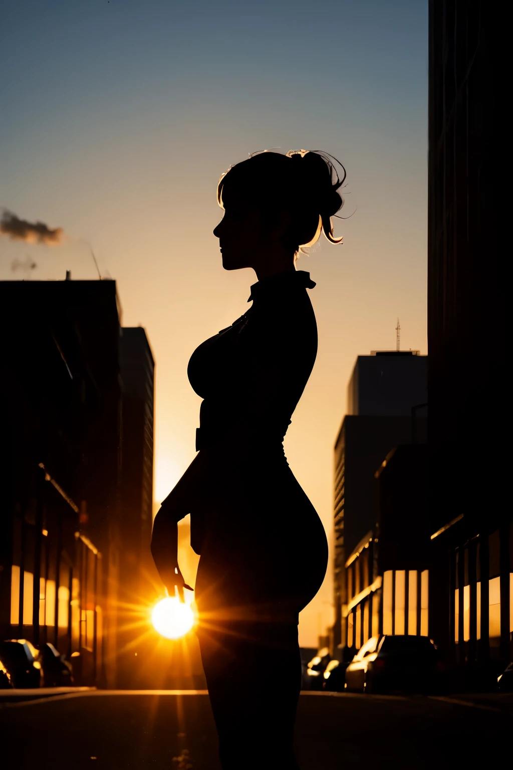(Silhouette:1.6) of beautiful busty, back lighting, side view, Downtown at sunrise