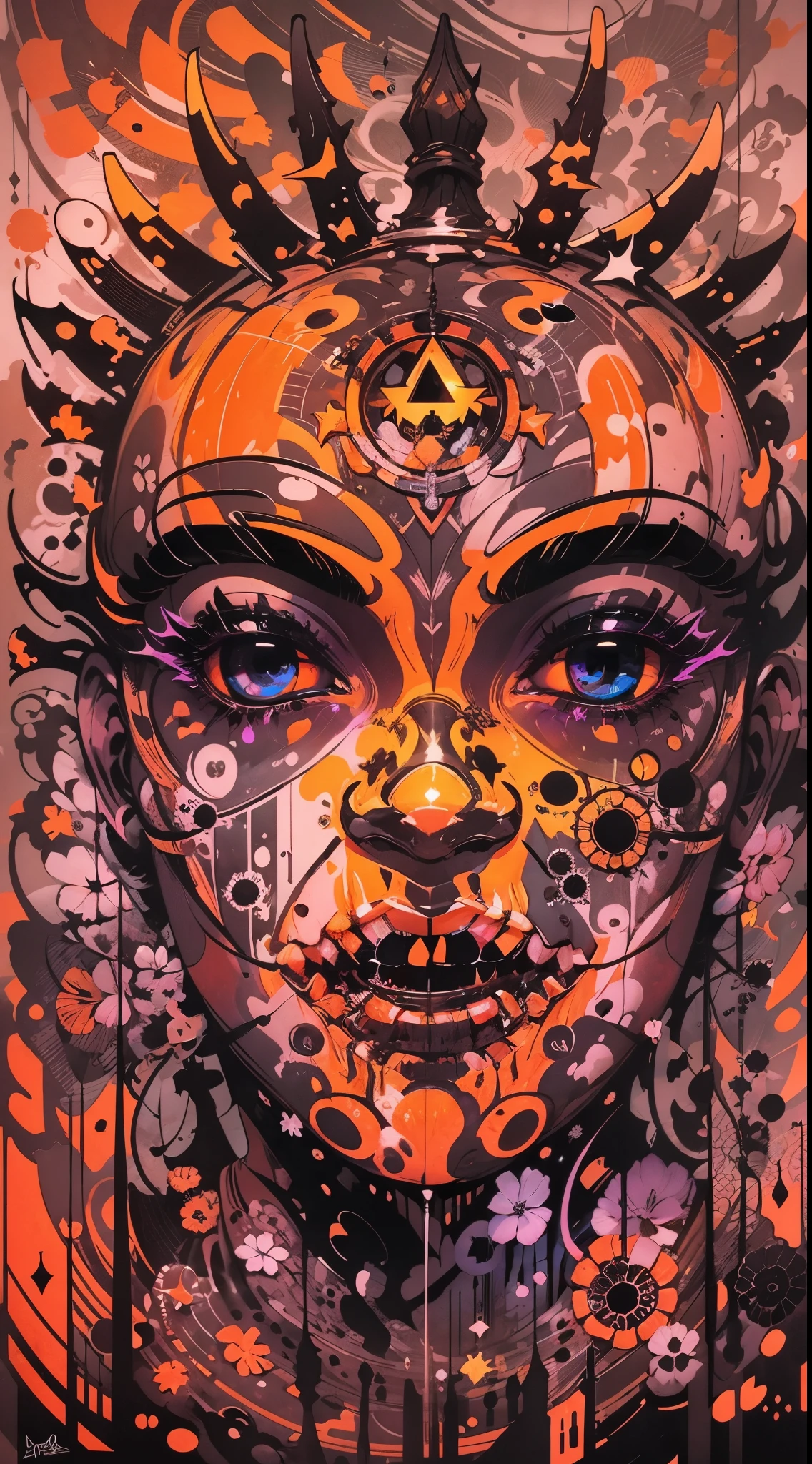 Explosive, otherworldly painting of a shape-shifting deity adorned with chaotic Halloween motifs and omnipresent, piercing eyes, a breathtaking amalgamation of fine art and captivating photo collage, mesmerizing poster design:: their appearance exuded the enigmatic allure of Jack-o'-lantern minimalism fused with cosmic chaos:: --ar 9:16 --s 963 --c 9  --q 2  --v 5